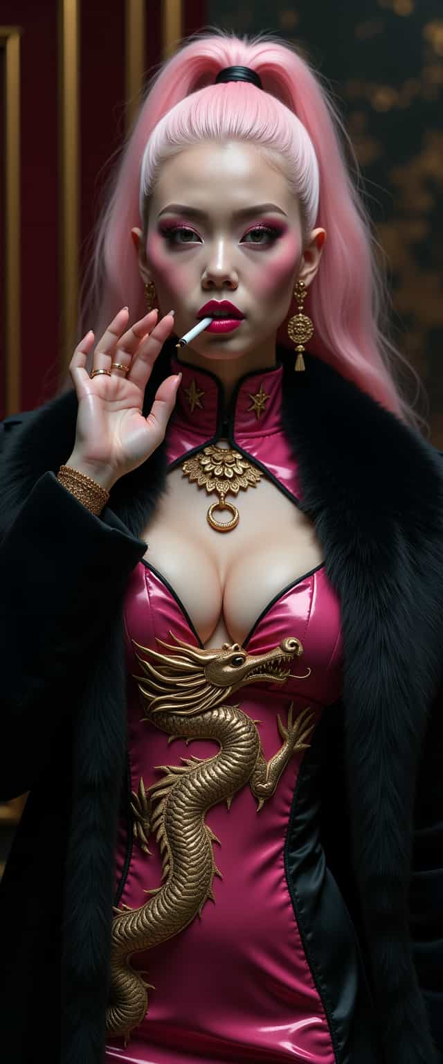 A striking mid-30s Asian vampire queen with pale, porcelain skin and thick, voluminous cotton candy pink hair cascading down her shoulders in a high ponytail commands attention with dark elegance. She wears a luxurious black fur coat over a shiny pink latex slit qipao adorned with a golden Asian dragon, her heavy gothic makeup, shiny pink lips, and nails amplifying her menacing allure as she smokes a slim cigarette. Captured in photorealistic detail with cinematic lighting, soft shadows, and the precision of an 8K DSLR shot using a 50mm lens, this full-body portrait radiates haunting sophistication against a dimly lit, opulent gothic backdrop.
