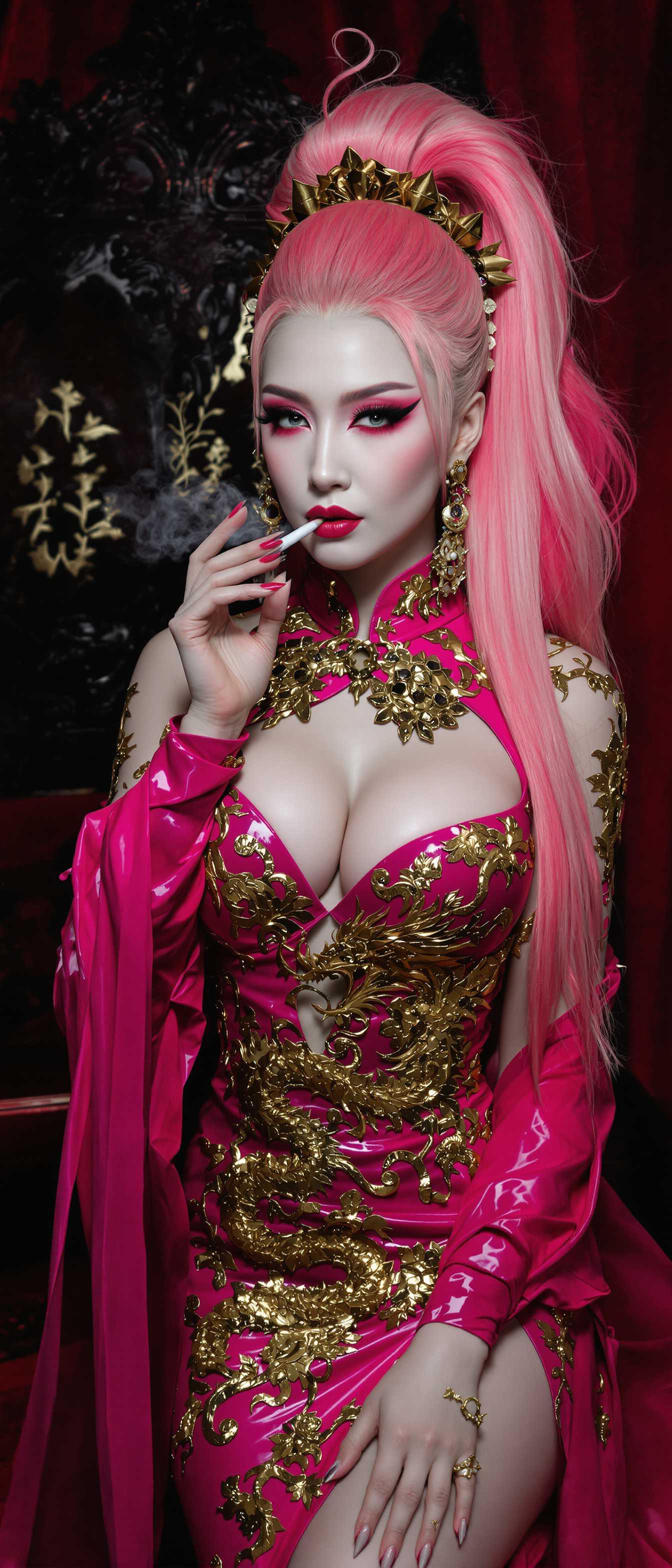 A striking mid-30s Asian vampire queen with pale, porcelain skin and thick, voluminous cotton candy pink hair cascading from a high ponytail commands attention with dark elegance, her shiny pink latex slit qipao adorned with a golden Asian dragon accentuating her menacing allure binds her large breasts. Her heavy gothic makeup, shiny pink lips, and matching nails intensify her haunting sophistication as she smokes a slim cigarette, captured in a full-body portrait with photorealistic 8K detail, cinematic lighting, soft shadows, and a 50mm DSLR lens. Set against a dimly lit, opulent gothic backdrop with rich velvet textures and intricate carvings, the scene exudes an eerie, regal atmosphere.