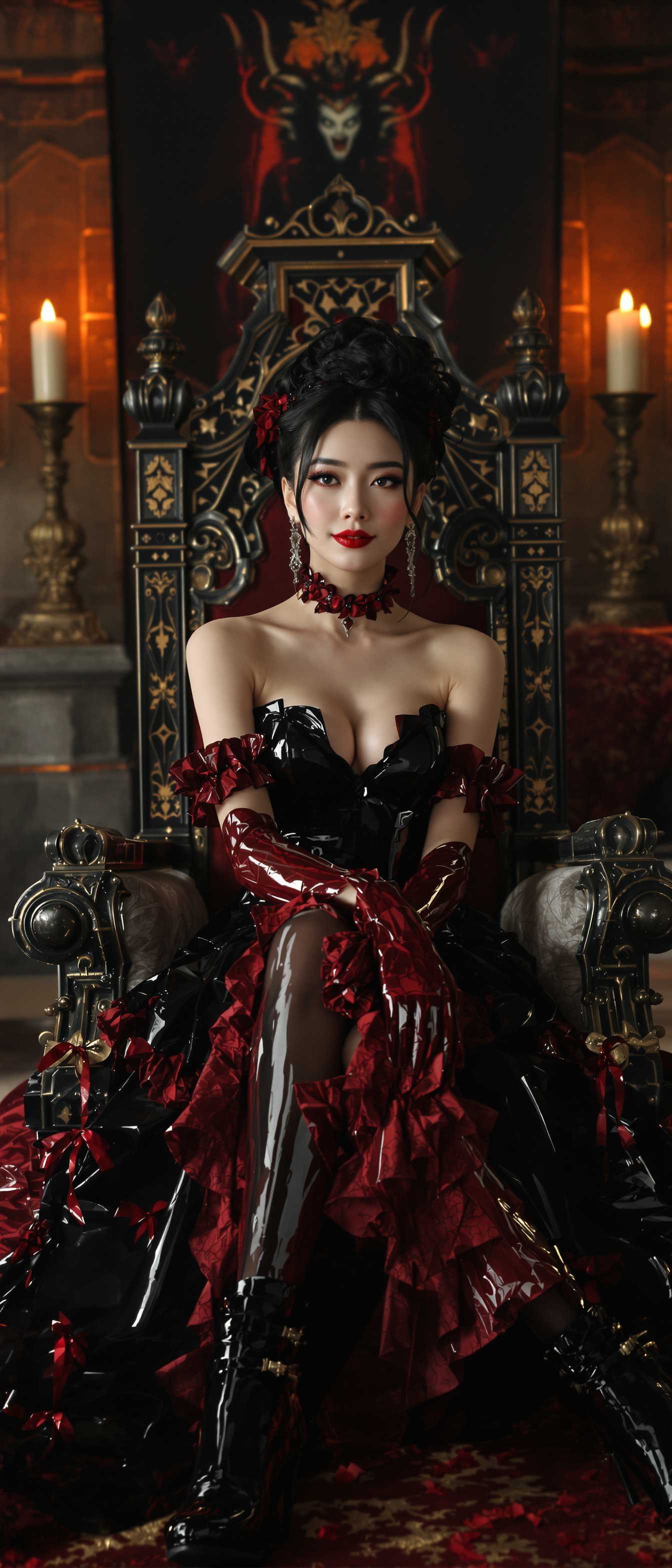 A hyper-realistic portrait of a young, elegant Chinese woman exuding timeless sensuality, dressed in a Victorian-era Lolita gown of glossy black latex that reflects light with liquid-like brilliance, highlighting every detailed ruffle and bow, paired with dark red lace gloves and shiny latex ankle boots with 6-inch chunky heels and polished silver buckles. Her romantic black updo with cascading curls frames her angelic face, adorned with quirky wire-rimmed glasses and a warm, approachable smile, as she sits gracefully on a velvet couch in a grand medieval throne room, captured from a low angle with cinematic depth of field using a 50mm lens in 8K detail. The opulent stone walls, ancient tapestries, flickering torchlight casting golden glows, and eerie demonic figures lurking in the shadowy background create a nostalgic, high-contrast atmosphere of serene beauty and dramatic tension.
