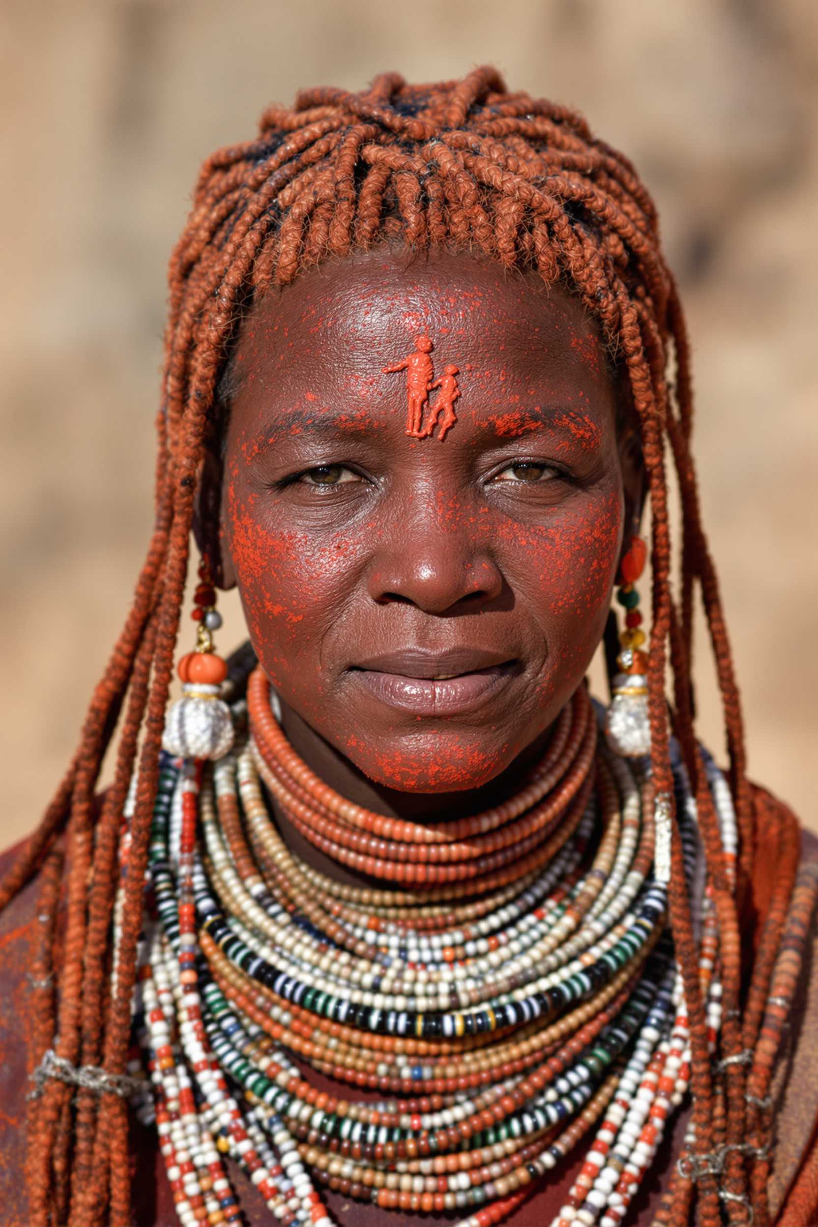 A photorealistic portrait of an elder Himba woman from Namibia, her warm brown skin and braided hair coated in reddish otjize paste made from butterfat and ochre pigment, adorned with intricate beaded necklaces