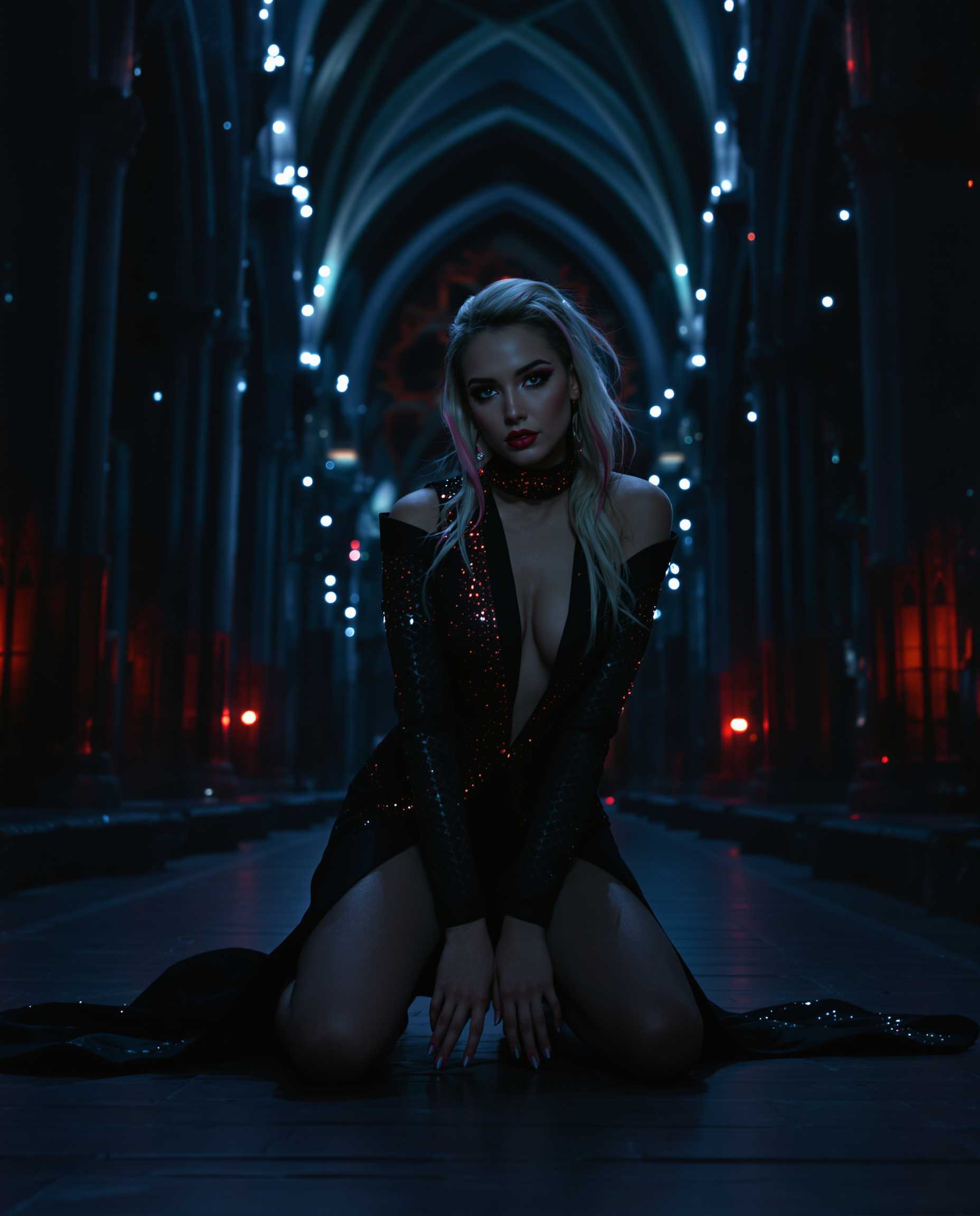 This image is a realistic photo (photograph) of a female real person digital artwork that showcases a blend of fantasy and modern art styles. Lets break down the artistic elements Composition The subject is centrally placed, which is a common compositional technique that draws the viewers eye directly to the focal point. The figure is posed in a dynamic, kneeling position that adds movement and energy to the composition. The background is rich and detailed, with gothic architecture and sparkling lights, which provides depth and contrast to the figure. The use of perspective is subtle but effective, with the vanishing point drawing the eye through the image. The color palette is dark with strategic pops of light, which creates a dramatic and moody atmosphere. Lighting The lighting in the image is dramatic and moody, with a focus on the figure and the sparkling lights in the background. The lighting on the figure is soft and highlights the curves and textures of the clothing, giving the image a three dimensional quality. The lighting in the background is harsher, casting shadows that give the gothic architecture depth and dimension. The contrast between the light and dark areas of the image creates a sense of drama and intensity. Style The style of the artwork is a mix of fantasy and modern art, with a strong emphasis on the figure and the interplay of light and shadow. The figure is styled in a way that is both modern and fantastical, with a focus on the body and the textures of the clothing. The use of color is vibrant and saturated, with a focus on the contrast between the dark background and the bright, sparkling lights. The overall style of the artwork is sleek and polished, with a high level of detail and attention to texture and form.