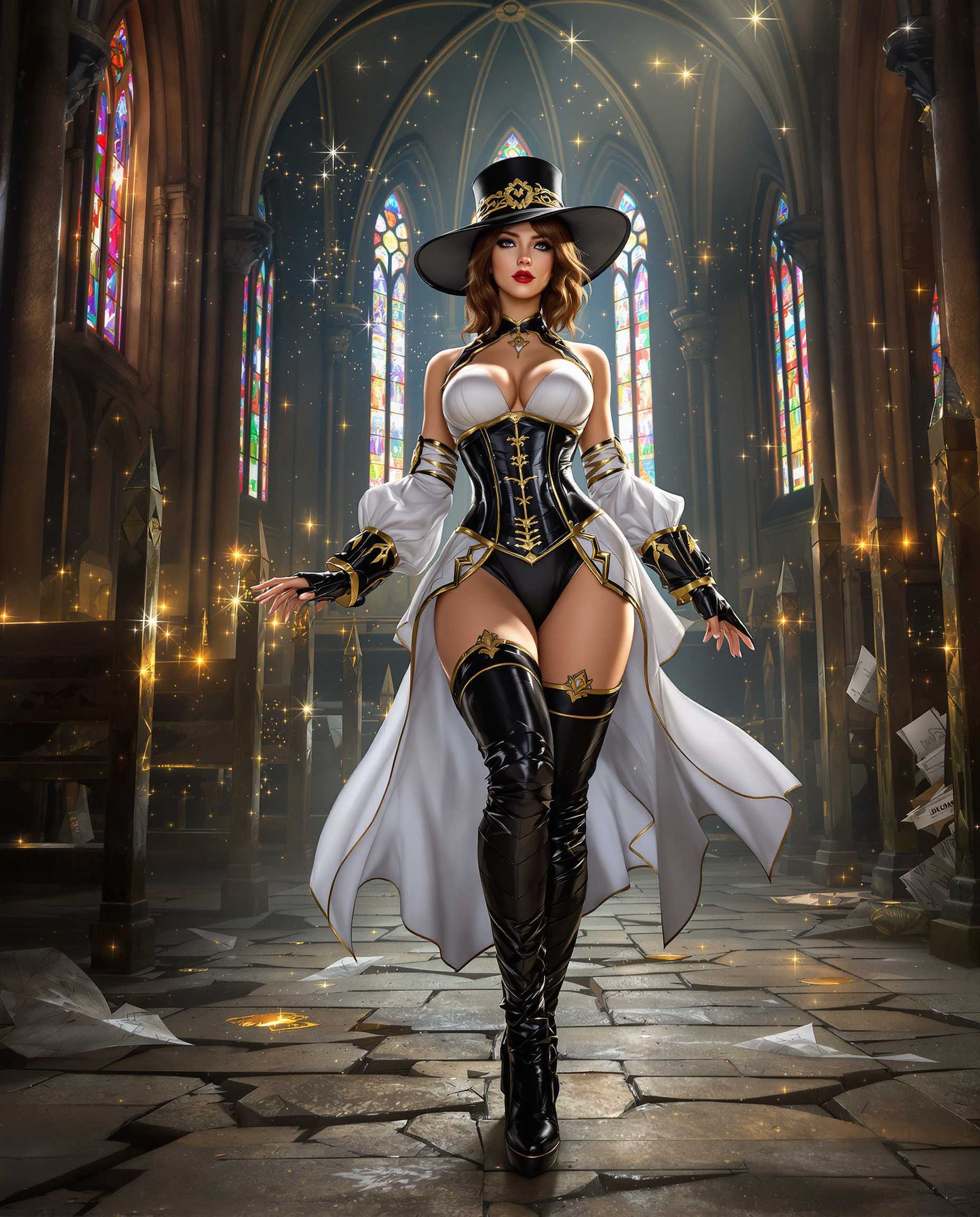 This is a realistic photo (photograph) of a female real person image that appears to be digitally created, showcasing a character in a fantasy setting. The art style is highly detailed and stylized, with a strong emphasis on the characters pose and the surrounding environment. The medium seems to be a digital painting, utilizing a high level of detail and texture to create a realistic and immersive scene. The lighting and shadows are expertly rendered, with a focus on the interplay of light and dark to create depth and dimension. The colors in the image are rich and vibrant, with a predominance of blues, blacks, and whites. The characters outfit is predominantly white with gold and black accents, which stand out against the darker background. The sparkling effects on the characters clothing and the surrounding environment add a touch of magic and fantasy to the scene.The objects in the image include the characters outfit, which consists of a white blouse with gold trim, a black corset, and a pair of shiny black thighhigh boots. The character is also wearing a widebrimmed hat with a black band and gold trim. The background features a gothic cathedral with pointed arches and stained glass windows, which casts a warm, golden light on the scene. The floor is made of stone, with cracks and debris scattered across it, and there are small, sparkling lights floating around, adding to the magical atmosphere of the setting.