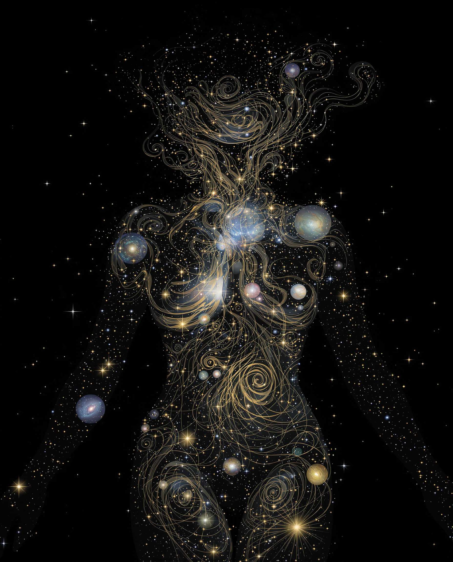 This image is a realistic photo (photograph) of a female real person digital artwork that exudes a sense of mystery and otherworldliness. The art style is reminiscent of surrealism, with a focus on dreamlike imagery and a blend of organic and cosmic elements.The medium appears to be a digital painting, utilizing advanced software to create a high level of detail and texture. The image is set against a dark, almost black background that serves to highlight the subject and the intricate patterns.The colors in the image are primarily dark and moody, with a few bright spots that add contrast and draw the eye. The predominant colors are shades of black, gray, and touches of blue and gold, which give the image a celestial feel. The patterns on the subjects body are a mix of swirling lines and shapes that resemble celestial bodies and natural forms, such as leaves and petals.The objects in the image are primarily the subjects body and the swirling patterns that adorn it. The subjects body is the central focus, with the patterns creating a sense of movement and fluidity. The patterns are reminiscent of galaxy images, with stars and nebulae scattered throughout, giving the impression that the subject is a part of the cosmos.Overall, the image is a captivating blend of human form and cosmic imagery, creating a sense of wonder and introspection. The use of dark colors and intricate patterns draws the viewer into a world that is both familiar and alien, inviting them to ponder the mysteries of the universe and their place within it.