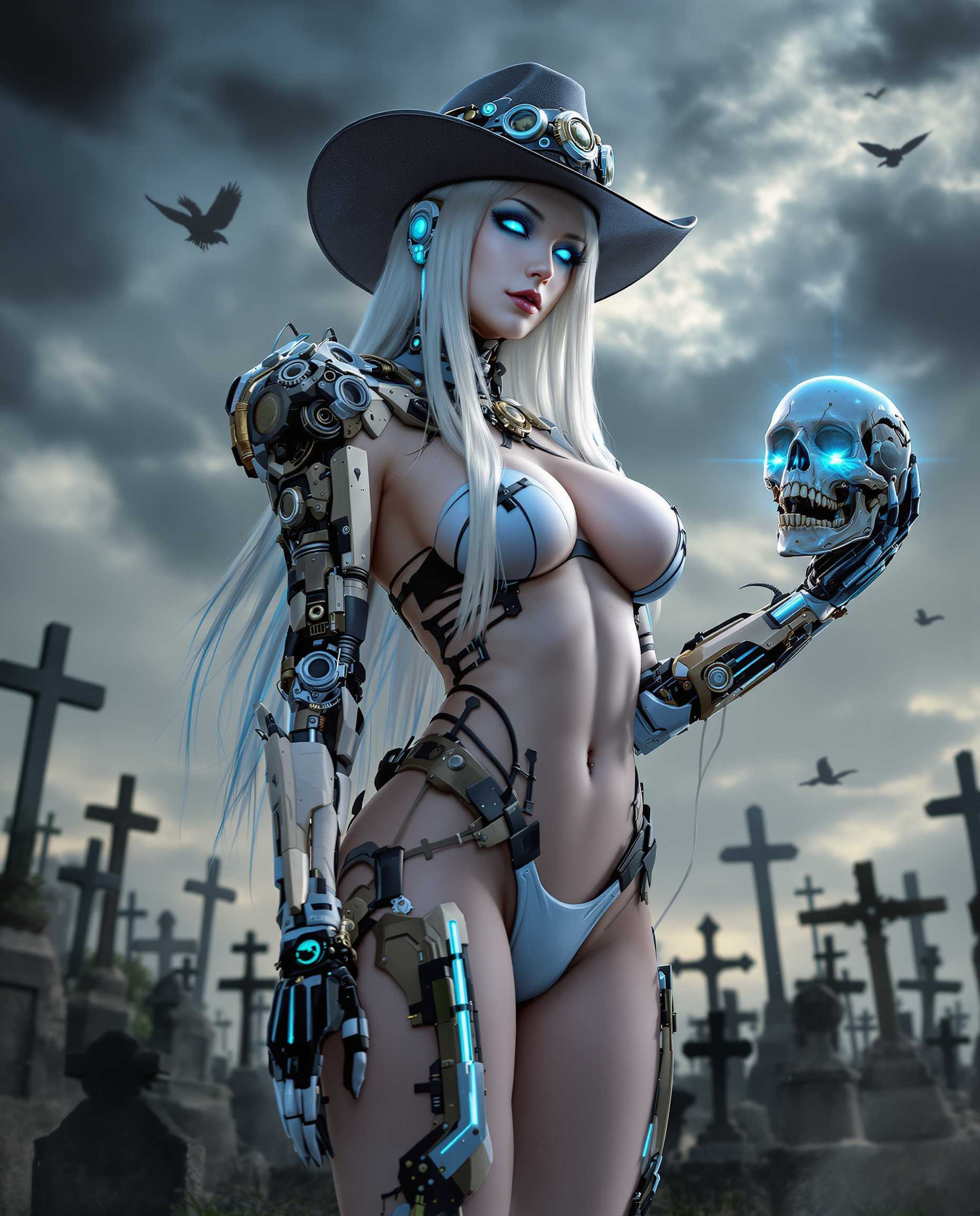 This is a realistic photo (photograph) of a female real person intricate and detailed digital artwork that presents a character in a cyberpunk or steampunk style, set against a backdrop of a cemetery. The art style is rich with textures and contrasts, utilizing a blend of futuristic elements with gothic and macabre themes.The medium appears to be digital painting, given the smooth gradients and seamless blending of colors. The use of lighting and shadow adds depth and realism to the scene. Colors are predominantly cool and muted, with a predominance of whites, grays, blues, and blacks. There are pops of vibrant blue and cyan, which stand out against the cooler tones and give the image a sense of energy and otherworldliness. The metallic sheen on the mechanical parts of the characters attire adds a touch of warmth to the otherwise cool palette. Objects in the image include1. The central figure is a humanoid character with pale skin and long, straight white hair. The character is wearing a wide brimmed cowboy hat, which is a nod to the steampunk influence. The hat is adorned with mechanical parts, crosses, and other gothic motifs.2. The characters outfit is a mix of futuristic and gothic elements. It consists of a bodysuit with mechanical joints and segments, and a bikini style bottom. The bodysuit is detailed with crosses, gears, and other mechanical parts, and the color scheme is a mix of white, black, and blue.3. The characters right arm is a mechanical prosthetic with a skeletal design, featuring sharp teeth and glowing blue eyes. The prosthetic is attached to the characters shoulder and extends to the wrist, with fingers that are also detailed with teeth.4. The characters left hand is holding a glowing skull, which has sharp teeth and is emitting a blue light. The skull is mechanical, with gears and other mechanical parts visible.5. The background is a cemetery with numerous crosses and tombstones, set against a dramatic sky filled with clouds. The lighting in the cemetery is dim, with a sense of foreboding and mystery.6. There are also mechanical birds or ravens flying in the sky, adding to the gothic and otherworldly atmosphere of the scene.Overall, the image is a blend of futuristic technology and gothic horror, set in a dark and mysterious cemetery. The use of color, lighting, and texture creates a compelling and immersive visual experience.