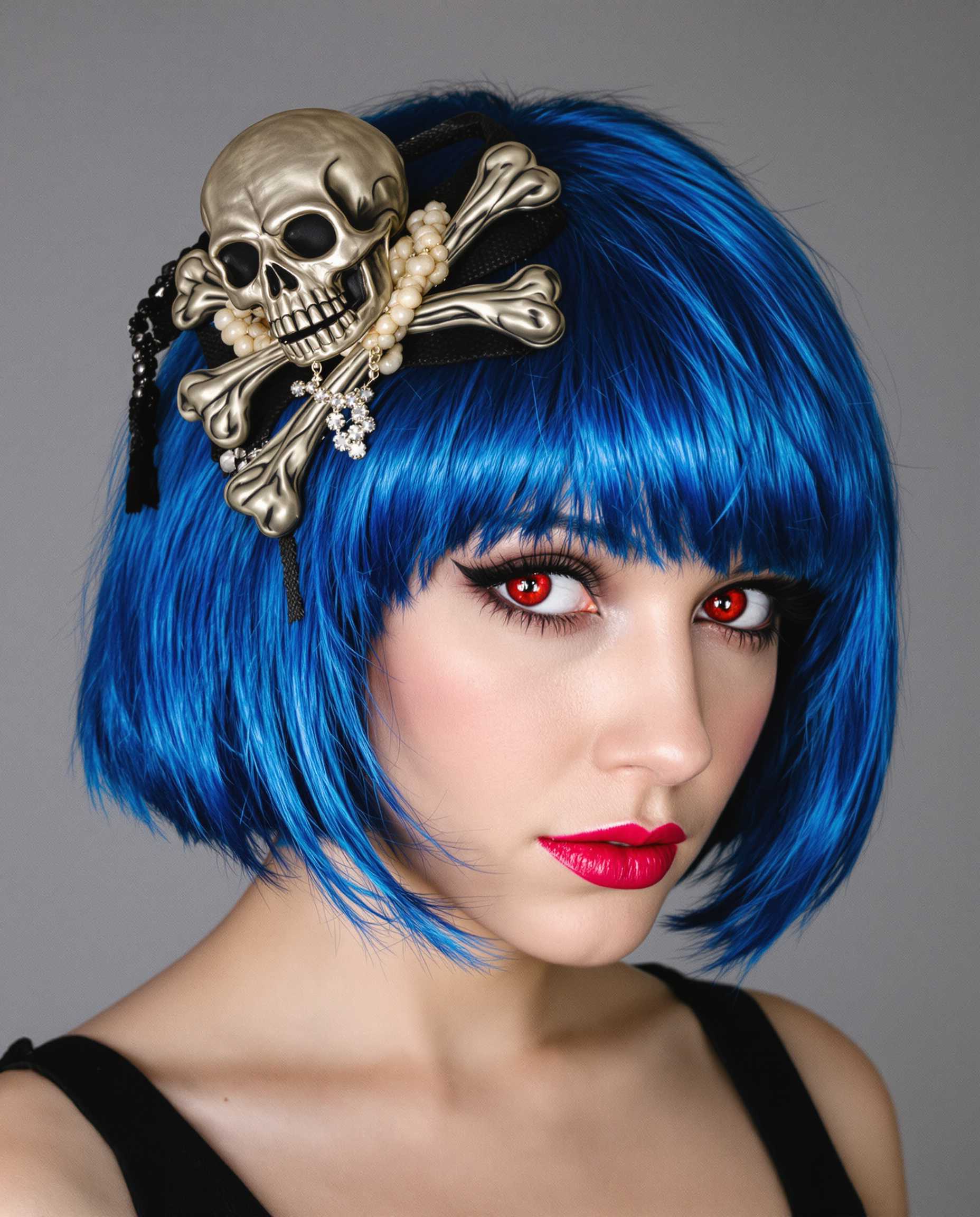 A realistic photograph of a young woman with striking blue bob-cut hair adorned with a skull and crossbones accessory, vivid red eyes
