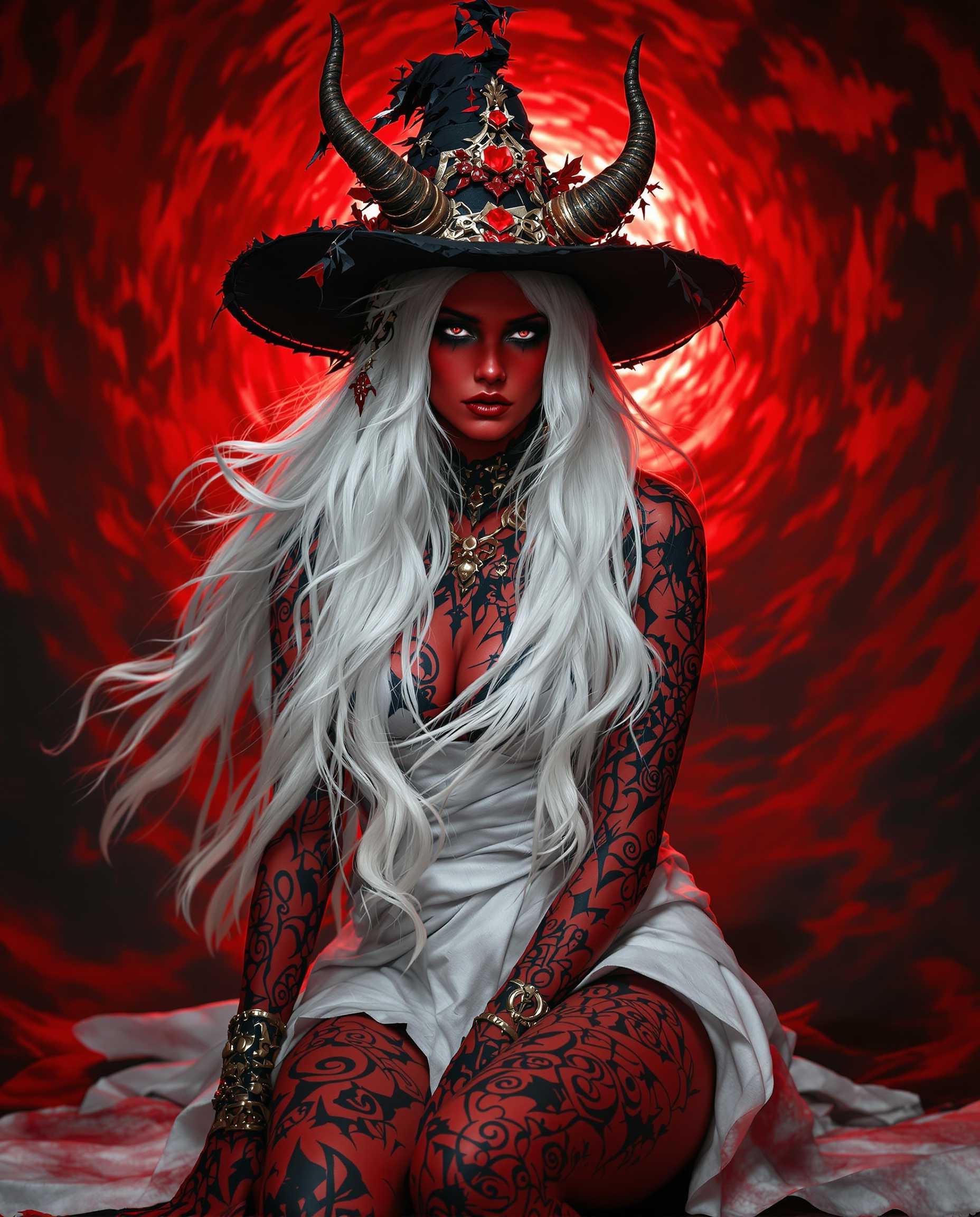 A highly detailed photorealistic photograph of a real female person embodying a gothic witch, with deep red skin contrasting her long flowing white hair, captured in dramatic cinematic lighting with intricate shadows and textures. She wears a wide-brimmed black hat adorned with tattered red and gold ornaments and horns, paired with a white garment wrapped around her body, revealing bare arms and legs decorated in swirling black and red rune-like patterns. The background swirls with red and black masses evoking a stormy portal, in 8K resolution with shallow depth of field from a 50mm lens.