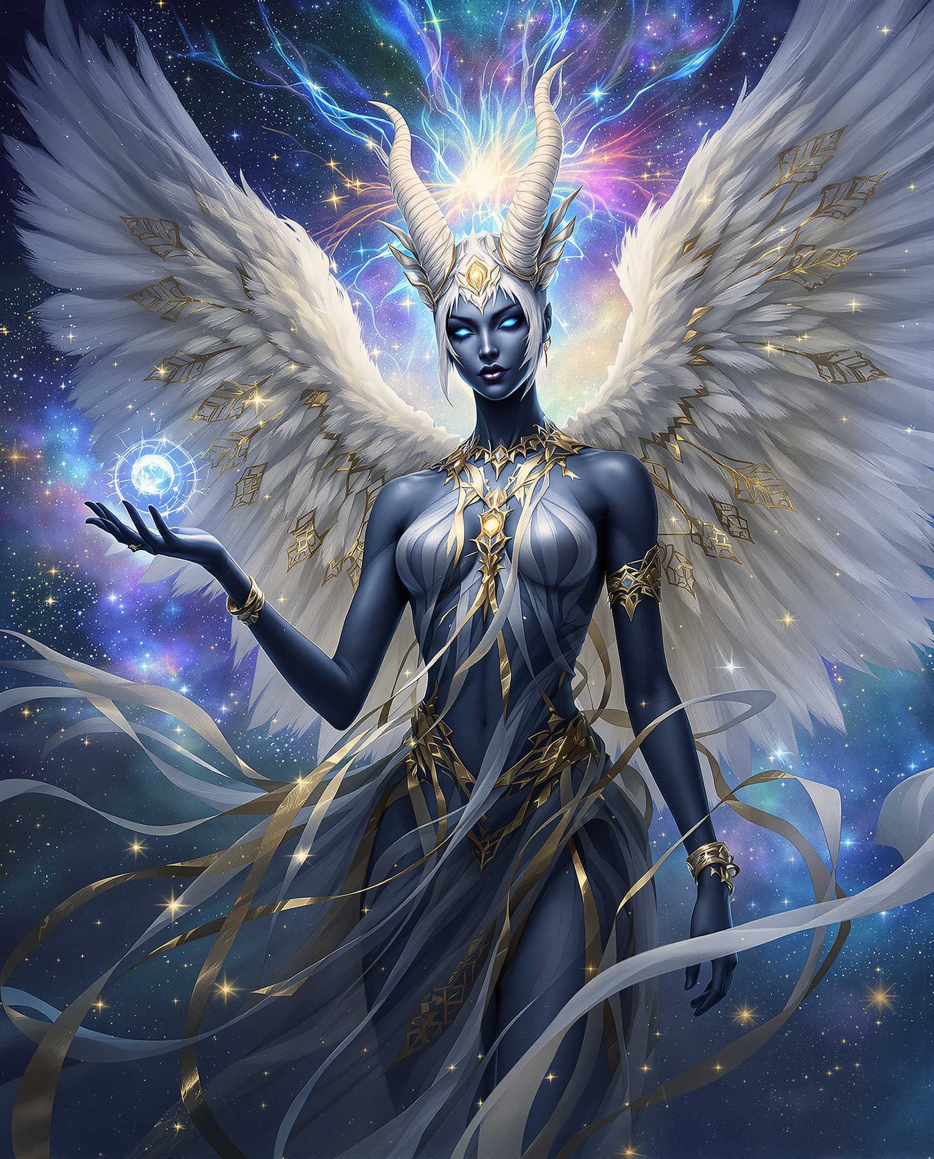 This is a realistic photo (photograph) of a female real person image that exudes a sense of fantasy and otherworldliness. The art style is reminiscent of digital painting, with a high level of detail and attention to texture and color. The medium appears to be a digital canvas, allowing for a smooth blend of colors and a seamless transition between elements.The colors in the image are rich and vibrant, with a predominance of blues and purples that give the piece a cosmic and ethereal quality. The blues range from deep navy to light sky blue, with various shades of purple adding depth and contrast. There are also touches of gold and white, which provide a warm, luminous contrast to the cool tones.The objects in the image are numerous and intricate. At the center, there is a figure that seems to be a fusion of human and celestial elements. The figure has a humanoid form with a slender, elongated torso and limbs that taper towards the ends. The skin of the figure is a deep, glossy black, which stands out against the surrounding cosmic backdrop.The figures head is adorned with a white, horned headdress that seems to be made of feathers or some other soft, organic material. The horns are curved and taper towards the tips, giving the figure a regal and powerful presence. The figures eyes are a piercing blue, which seem to glow with an inner light.The figures arms are raised, and one hand is extended, palm up, as if in a gesture of command or invitation. The other hand is clenched into a fist, which adds to the dynamic posture of the figure. The fingers of the extended hand are adorned with rings, which are detailed with intricate designs and set with what appear to be precious stones.The figures body is wrapped in a flowing garment that seems to be made of a translucent, ribbonlike material. The garment is adorned with golden patterns and embellishments that shimmer against the cosmic backdrop. The ribbons cascade down the figures body, creating a sense of movement and fluidity.The figures wings are expansive and feathered, with a gradient of colors that blend from the deep blue of the figures skin to the lighter hues of the surrounding space. The wings are adorned with golden patterns and embellishments, which catch the light and reflect the cosmic energy around them.The background of the image is a swirling cosmos, filled with stars and nebulae. The stars twinkle with a soft, gentle light, while the nebulae are a tapestry of blues, purples, and whites, with streaks of gold and silver that suggest the movement of cosmic dust and gas. The swirling patterns and the interplay of light and shadow give the impression of a vast, infinite universe.Overall, the image is a stunning representation of fantasy and cosmic wonder, with a figure that seems to be a powerful being, perhaps a deity or an angel, commanding the forces of the universe. The attention to detail and the use of color and texture create a sense of depth and realism, making the viewer feel as if they are peering into a realm beyond our own.