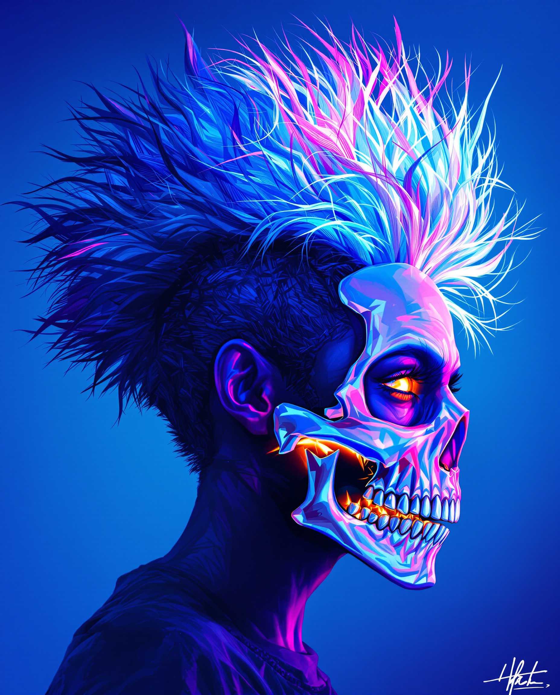 This is a realistic photo (photograph) of a female real person image that features a dynamic and stylized representation of a real person. The person is depicted in profile, with the focus on their intense gaze and the dramatic transformation of their hair and features.The art style is highly detailed and vibrant, with a strong emphasis on color and light. The medium appears to be digital, given the smooth gradients and the clarity of the lines and shading. The use of light and shadow is particularly effective, creating a sense of depth and movement within the image.The colors are bold and saturated, with a predominance of blues and purples that give the image a cool, almost icy feel. The persons hair transitions from a deep, almost navy blue at the roots to a bright, neon blue at the tips, with streaks of white and pink that suggest a high level of energy or power. The hair is styled in a wild, spiky fashion, with individual strands highlighted and shaded to give it volume and texture.The persons face is partially obscured by a skeletal mask that covers the lower half, with sharp teeth bared and eyes glowing with an intense, fiery light. The mask is detailed with intricate lines and shading that give it a threedimensional appearance, and the transition from the persons skin to the mask is seamless, indicating a high level of skill in the digital painting process.The objects in the image are minimal but impactful. The skeletal mask is the most prominent, serving as a central focus and a symbol of the persons transformation. The background is a simple gradient of blues, with no additional objects or persons, which keeps the attention on the persons powerful presence.Overall, the image exudes a sense of drama and intensity, with a strong emphasis on the persons transformation and the use of vibrant colors and light to create a visually striking and dynamic piece of art.