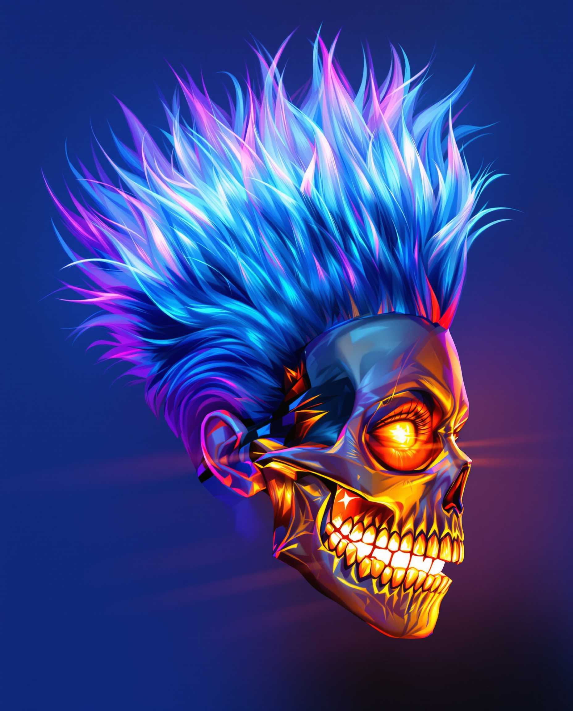 This is a realistic photo (photograph) of a female real person image that features a dynamic and stylized representation of a real person. The person is depicted in profile, with the focus on their intense gaze and the dramatic transformation of their hair and features.The art style is highly detailed and vibrant, with a strong emphasis on color and light. The medium appears to be digital, given the smooth gradients and the clarity of the lines and shading. The use of light and shadow is particularly effective, creating a sense of depth and movement within the image.The colors are bold and saturated, with a predominance of blues and purples that give the image a cool, almost icy feel. The persons hair transitions from a deep, almost navy blue at the roots to a bright, neon blue at the tips, with streaks of white and pink that suggest a high level of energy or power. The hair is styled in a wild, spiky fashion, with individual strands highlighted and shaded to give it volume and texture.The persons face is partially obscured by a skeletal mask that covers the lower half, with sharp teeth bared and eyes glowing with an intense, fiery light. The mask is detailed with intricate lines and shading that give it a threedimensional appearance, and the transition from the persons skin to the mask is seamless, indicating a high level of skill in the digital painting process.The objects in the image are minimal but impactful. The skeletal mask is the most prominent, serving as a central focus and a symbol of the persons transformation. The background is a simple gradient of blues, with no additional objects or persons, which keeps the attention on the persons powerful presence.Overall, the image exudes a sense of drama and intensity, with a strong emphasis on the persons transformation and the use of vibrant colors and light to create a visually striking and dynamic piece of art.
