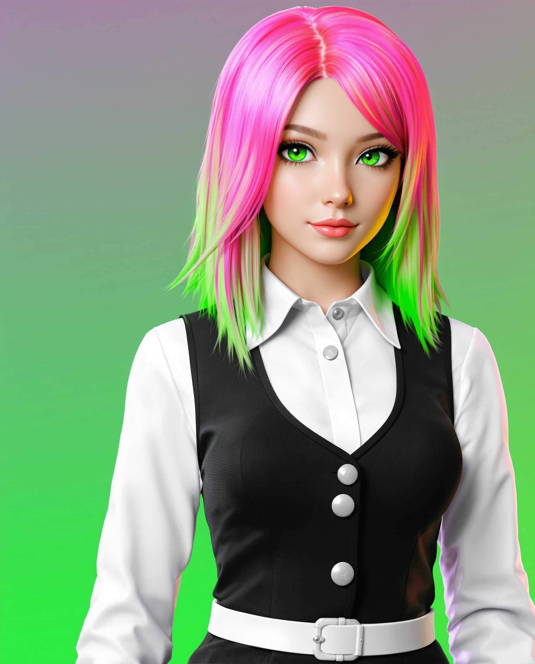 This image is a realistic photo (photograph) of a female real person digital artwork that showcases a highly detailed and realistic 3D rendering of a female figure. The art style is realistic, with a focus on the characters facial features and hair, which are rendered with a high level of detail and softness.The medium appears to be a computer generated 3D model, which is evident from the smooth texture and lighting of the characters skin, hair, and clothing. The rendering technique used gives the image a lifelike quality, with a high level of realism.The colors in the image are vibrant and wellbalanced. The characters hair is a gradient of pink and green, with the pink at the roots blending into a lighter shade towards the ends. The green at the ends of the hair is a bright, almost neon color that stands out against the pink. The characters eyes are a striking shade of green, with long, dark lashes and a hint of reflection that adds depth.The character is wearing a black and white outfit that appears to be a school uniform or a similar formal attire. The black part of the outfit is a fitted, buttoned vest with a high collar and a white shirt underneath. The white shirt has a neat, crisp appearance with a visible collar and buttons. The outfit is completed with a white belt that cinches the waist, giving the character a slender silhouette.The background of the image is a simple, gradient green that fades from a darker shade at the top to a lighter shade at the bottom. This background choice allows the viewer to focus solely on the character without any distractions.Overall, the image is a testament to the skill involved in creating a lifelike 3D rendering with attention to detail, color, and lighting. The characters design and the choice of clothing add to the overall aesthetic, making the image both visually appealing and thematically rich.