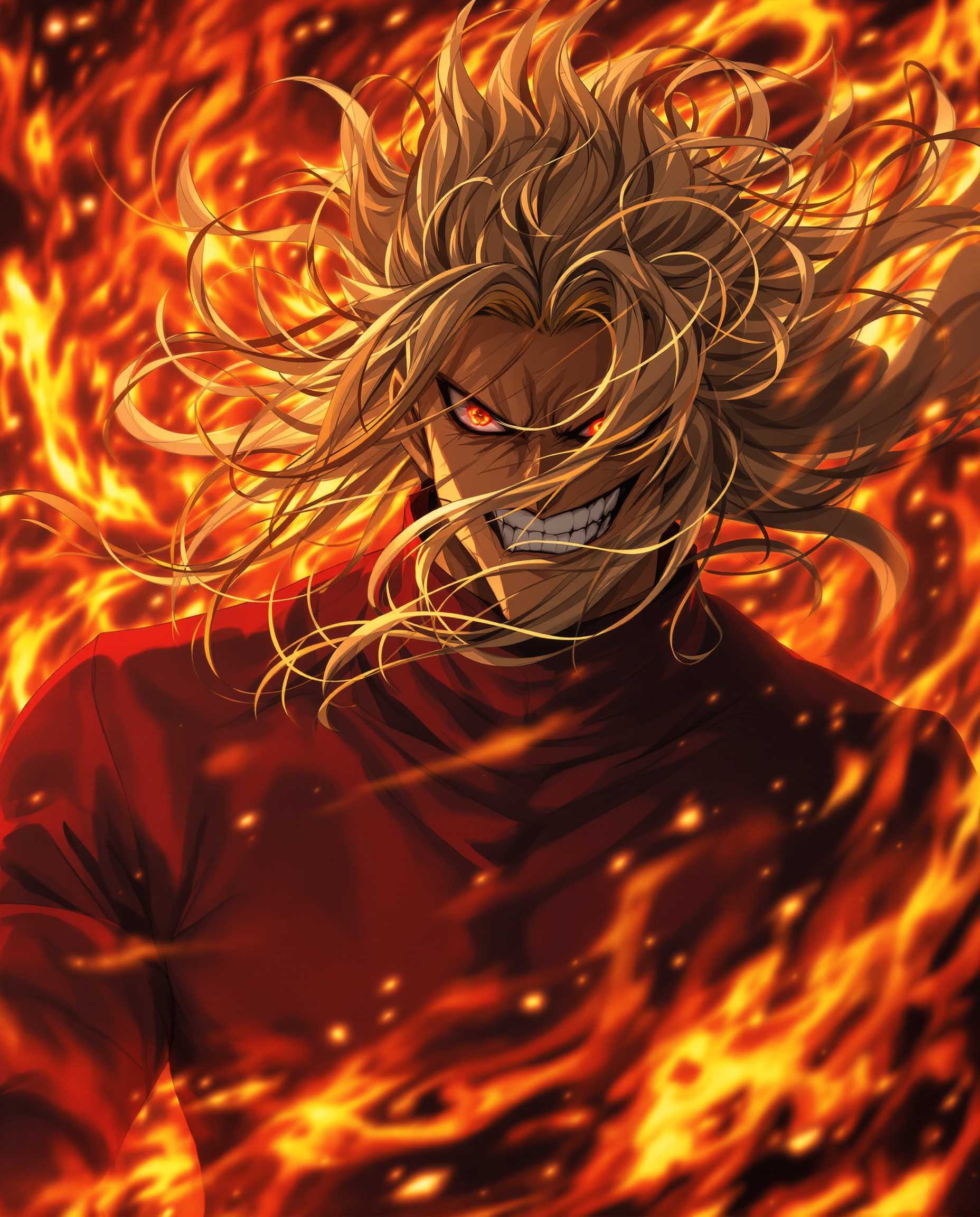 A hyper-realistic DSLR photograph captures a fierce male anime character in a dynamic, intense pose, his long golden hair flowing wildly with chaotic strands and fiery glowing highlights, he has heterochromia with each eye a different color and very detailed eyes like a demon, partially obscuring a deep red high-collared garment with rolled-up sleeves revealing muscular arms shadowed dramatically. His exaggerated features include large, expressive heterochromia eyes and a pronounced mouth, set against a swirling background of vivid fiery red and orange flames with high contrast and saturation. Cinematic lighting emphasizes passion and aggression in sharp 8K detail, with a 50mm lens and shallow depth of field.