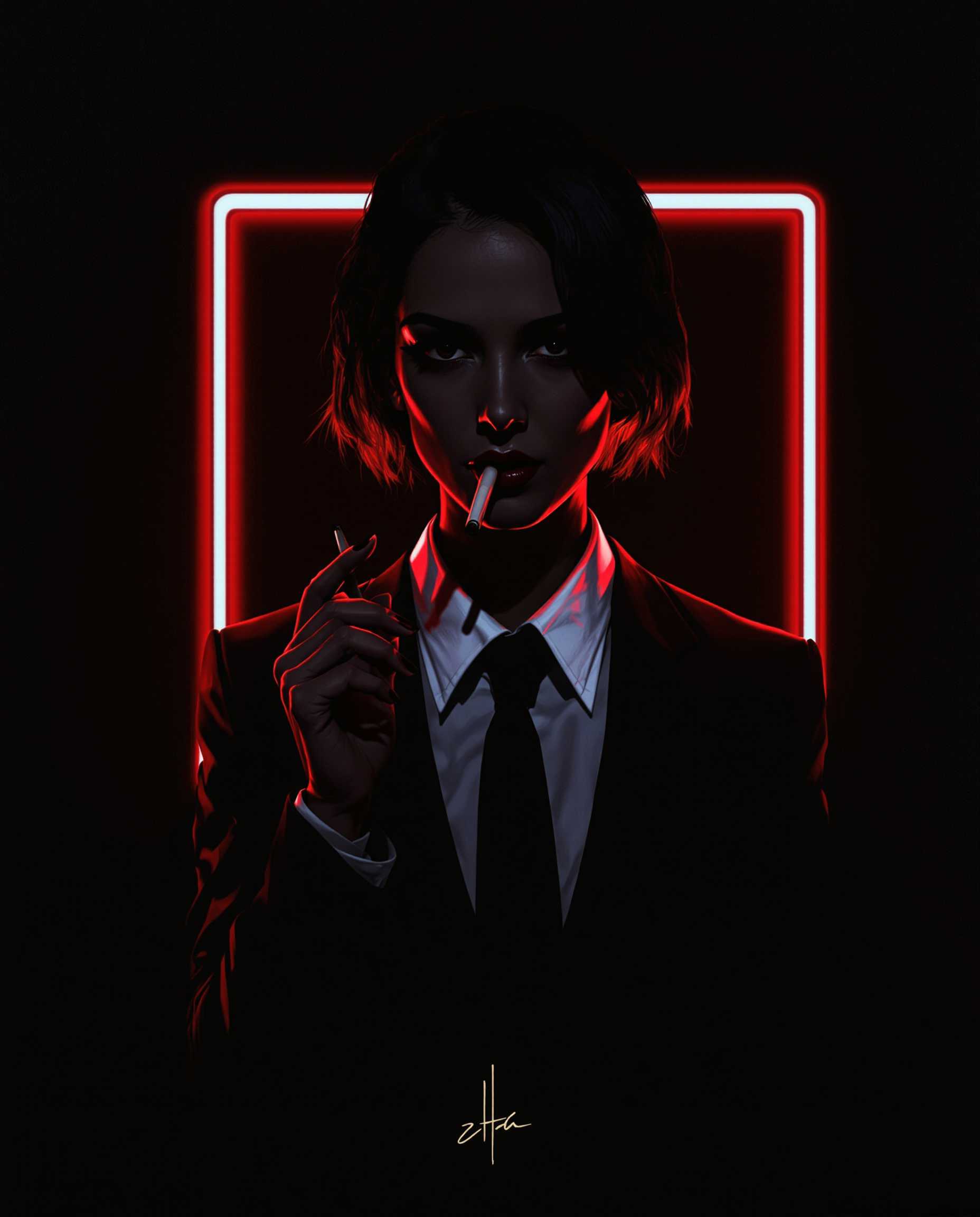 This image is a realistic photo (photograph) of a female real person digital artwork that features a stylized representation of a person. The art style is reminiscent of a digital illustration with a cinematic or perhaps a realism aesthetic, given the sharp contrasts and the use of lighting and shadow.The medium appears to be a digital painting, as evidenced by the smooth gradients and the lack of texture that one might expect from traditional mediums like oil or acrylic paints. The image has a high level of detail, from the individual strands of hair to the precise folds of the clothing.The colors are quite dramatic, with a predominance of black and white, punctuated by vibrant reds and oranges. The reds and oranges are used sparingly but effectively, creating a sense of depth and highlighting the subject against the dark background. The lighting in the image is also quite important, with a chiaroscuro effect that adds to the drama and intensity of the scene.The objects in the image are quite minimalistic. The subject is wearing a black suit with a white shirt and a black tie, which gives off a formal and somewhat mysterious vibe. The subject is holding a cigarette, which is a common trope in many types of art, often used to suggest a sense of rebellion or contemplation. The cigarette is the only object that is not part of the subjects clothing, and it stands out as a focal point in the composition.In the background, there is a neonlike glow emanating from a square shape, which adds to the overall atmosphere of the image. The glow is red, and it creates a stark contrast with the dark background, drawing the viewers attention to the subject.At the bottom of the image, there is a signature or logo that appears to be stylized text, which is likely the artists mark or the title of the piece.Overall, the image is a powerful and evocative piece that uses a combination of color, lighting, and composition to create a mood of mystery and intensity.