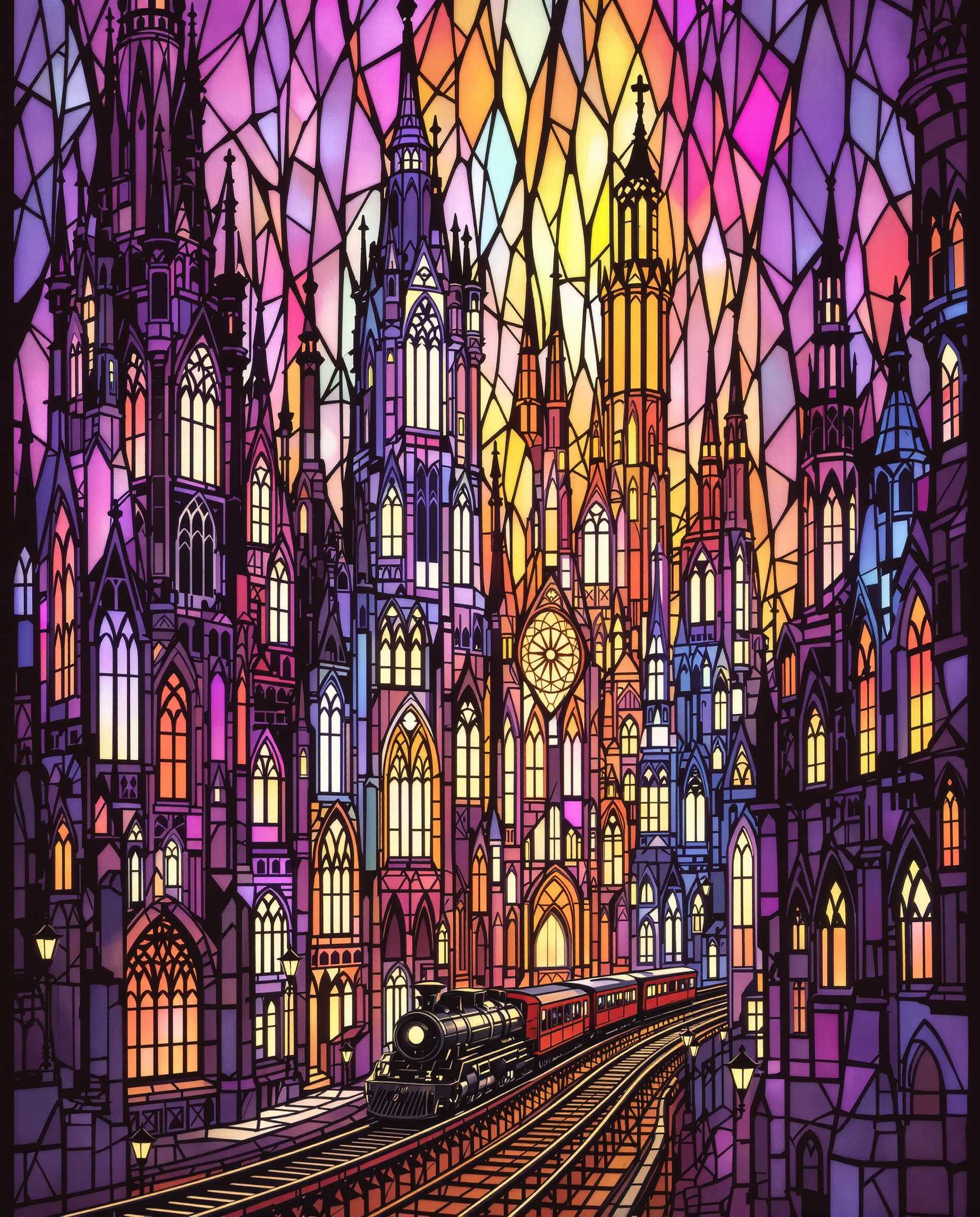 This image is a digital artwork that emulates the style of stained glass windows. The medium appears to be a digital painting or illustration, utilizing a technique that mimics the look of stained glass through the use of color and light. The art style is reminiscent of realism, with its flowing lines and ornamental details.The colors in the image are rich and vibrant, predominantly in shades of purple, pink, blue, and orange. These colors are reminiscent of the warm tones that are often found in stained glass artwork, and they create a dreamy, ethereal atmosphere. The interplay of light and shadow is key to the effect, with the light sources appearing to be within the buildings and casting a glow on the surrounding structures.The objects in the image are a fantastical cityscape, with towering buildings that are reminiscent of gothic architecture. The buildings are intricate and detailed, with pointed arches, ornate spires, and elaborate windows. The city is bustling with activity, as evidenced by the lit windows and the presence of what appears to be a train track running through the foreground. The train adds a sense of movement and depth to the scene.The overall effect of the image is one of enchantment and mystery, inviting the viewer to imagine a world filled with such beauty and wonder. The stained glass technique used to create this artwork brings to mind the intricate and colorful windows found in cathedrals and churches, evoking a sense of spirituality and awe.