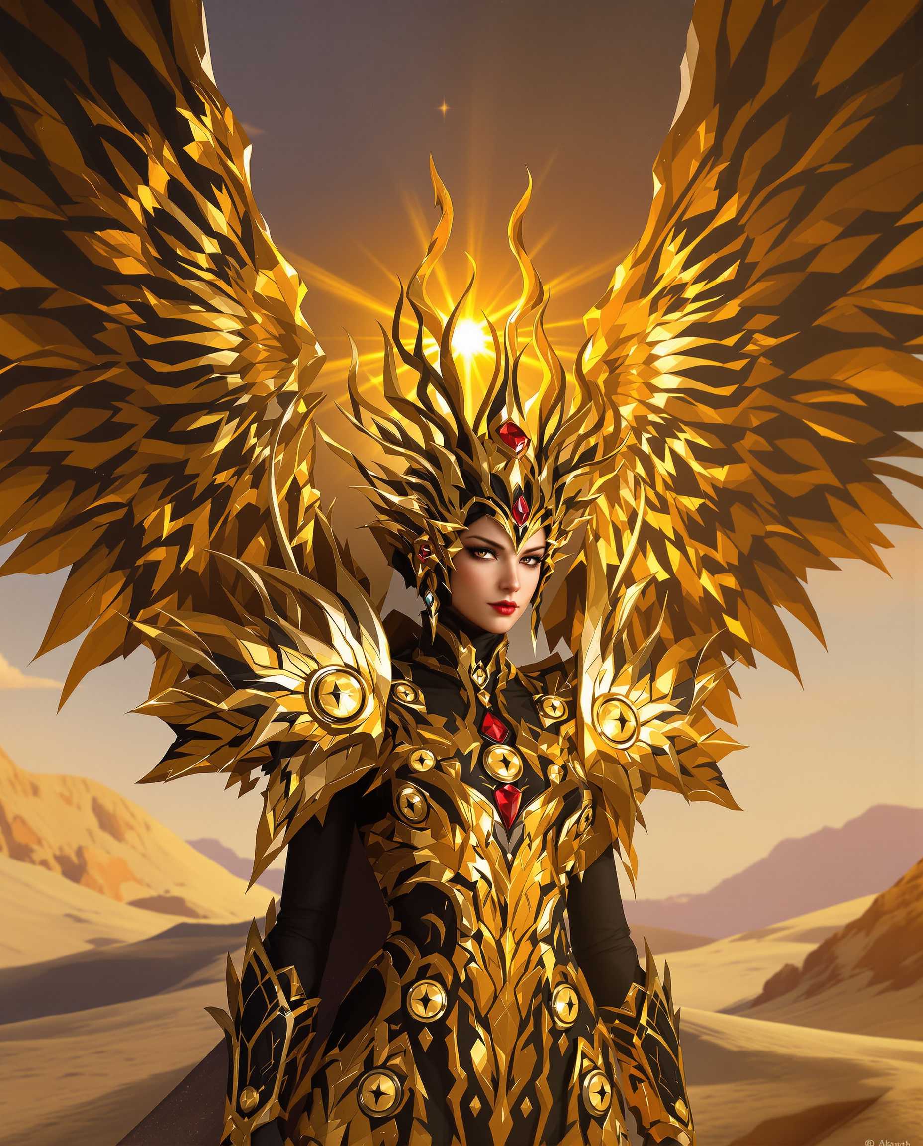 This is a realistic photo (photograph) of a female real person image that features a character with a highly stylized and fantastical appearance. The art style is realistic, with a focus on high quality line work, smooth shading, and a detailed colors.The medium appears to be digital painting, given the smooth blending of colors and the lack of texture that might be present in traditional mediums like oil or watercolor.The colors in the image are rich and dynamic, with a predominance of gold and black, which gives the character a regal and somewhat ominous presence. The gold is depicted with a high level of detail, with intricate patterns and highlights that catch the light, giving the wings and armor a threedimensional quality. The black is used for the characters clothing and the background, which contrasts sharply with the gold, drawing the eye to the figure.The objects in the image are primarily the characters wings and armor. The wings are expansive and ornate, with featherlike patterns and circular motifs that resemble eyes, giving them a sense of intelligence and power. The armor is equally elaborate, with a mix of organic and mechanical elements, and is adorned with red jewels that stand out against the gold, adding a pop of color to the otherwise monochromatic scheme.The background of the image is sparse, with just a few hints of a desert landscape, which focuses the viewers attention on the character. The lighting in the image is dramatic, with the sun casting a warm glow on the character, creating a play of light and shadow that adds depth and dimension to the scene.Overall, the image exudes a sense of fantasy, power, and elegance, with a strong emphasis on the characters detailed design and the interplay of light and color.