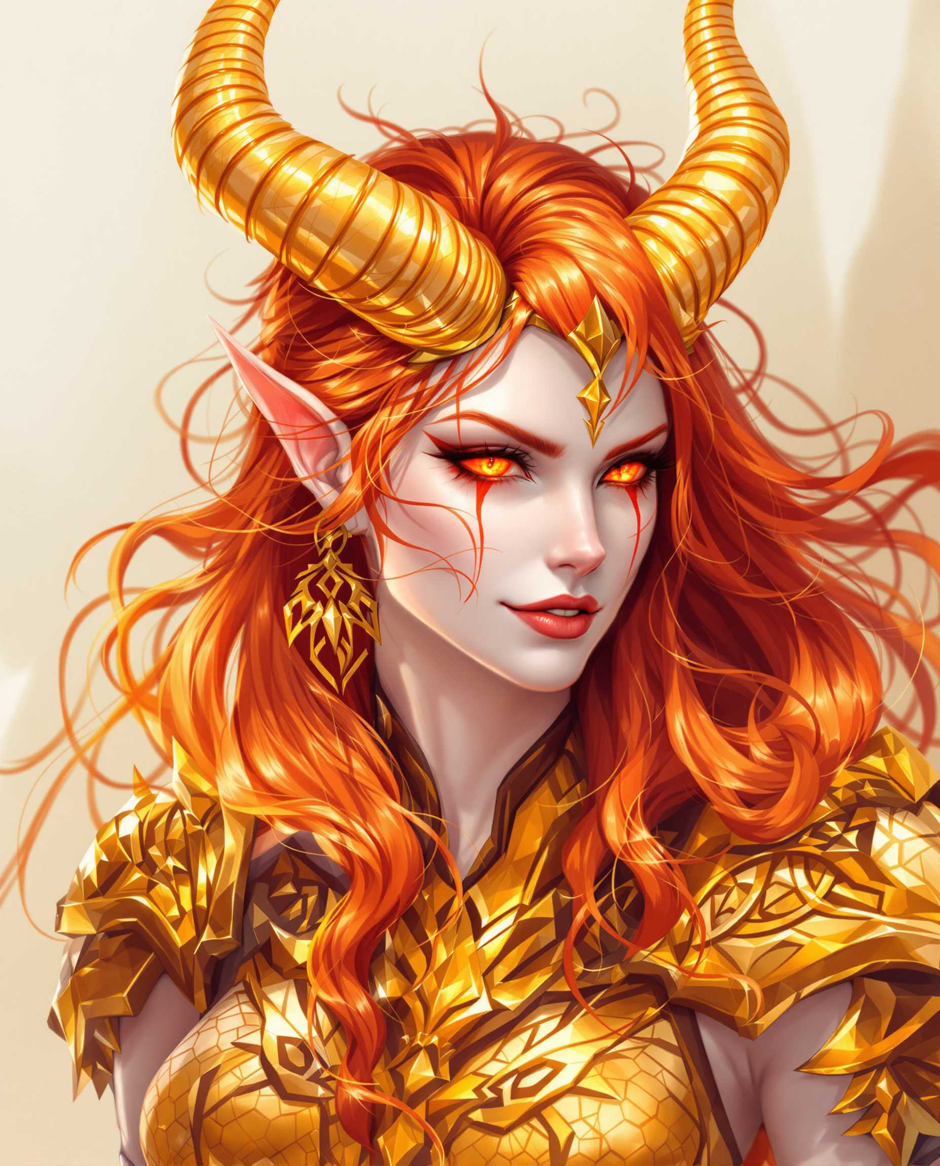 A close-up realistic photograph of a female figure with dragon-like features, captured in a fantasy digital painting style with detailed line work, smooth color gradients, and dramatic light and shadow for a three-dimensional effect. She has long flowing red hair with golden highlights, protruding horns, pale white skin covered in shimmering fiery scales, glowing red eyes, and wears ornate golden armor