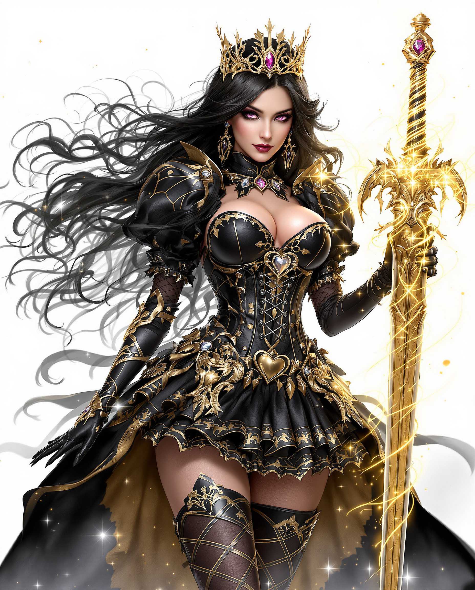 A highly detailed realistic photograph of a striking young woman with long, flowing black hair cascading in wavy strands, adorned with a jewel-embedded golden crown, sharp intense purple eyes gazing confidently at the viewer, fair skin, and a voluptuous figure. She wears an elaborate black and gold outfit blending Victorian gothic dress and armor, featuring a form-fitting bodice with gold trimmings, lace-up front exposing cleavage, dramatic puffed sleeves, high collar, heart-shaped belt buckle, short frilled skirt, thigh-high stockings with garters, glossy black high-heeled boots, and gloves, dynamically posing with one arm extended wielding an ornate golden rapier with gleaming magical energy trails on the blade. Set against a soft white void with subtle sparkling particles and ethereal wisps,