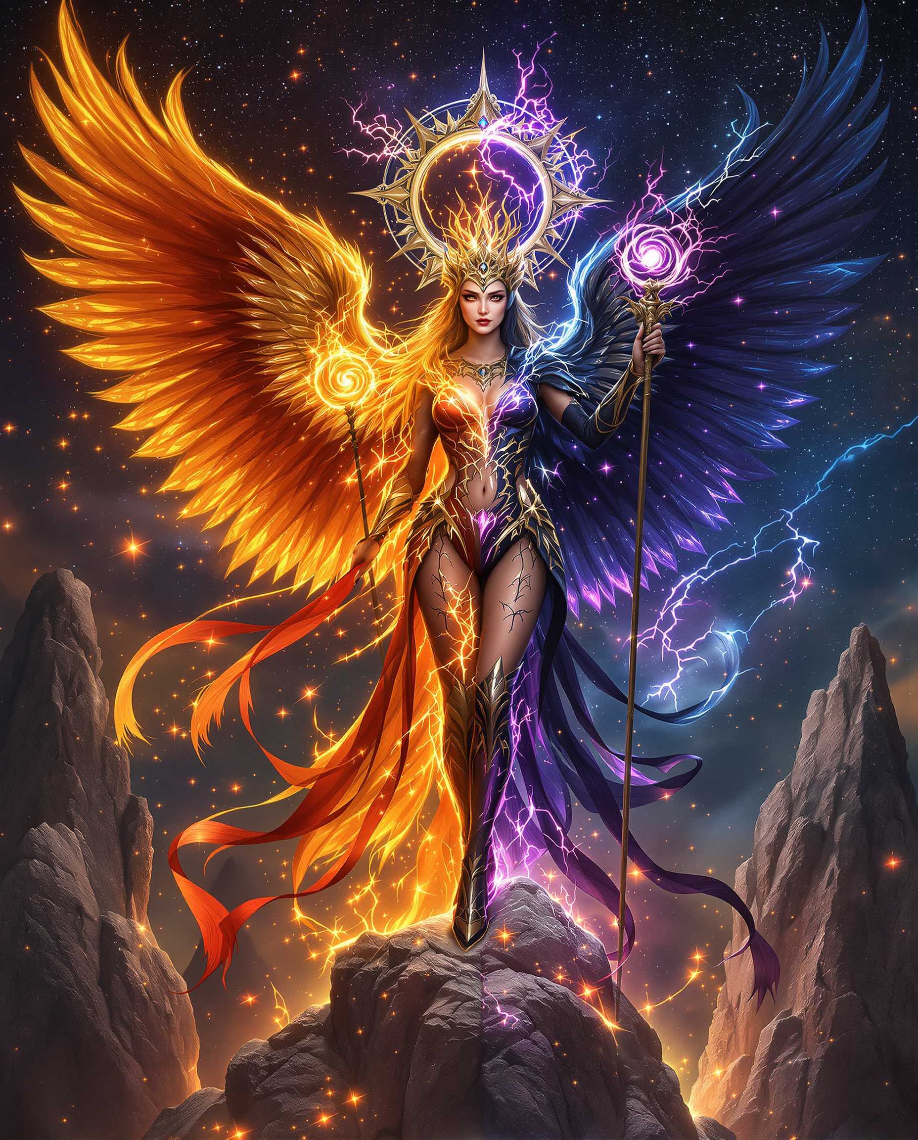 A stunning close-up realistic photo (photograph) of a female real person in a highly detailed realistic art medium, featuring a ethereal female angel warrior standing triumphantly on jagged, glowing rocky outcrops amidst a cosmic starry night sky filled with nebulae and sparkling particles. She embodies duality with her body split down the middle: left side radiant in fiery orange and red hues, right side in deep indigo and purple tones. Her long, flowing hair mirrors this split, cascading in vibrant crimson waves on the left and silky navy blue on the right, adorned with intricate golden accents. She wears a form-fitting, ornate bodysuit armor that's asymmetrically designed—left half crimson with gold trims and flame-like patterns, right half black with purple veins and ethereal energy motifs—revealing her midriff, thighs, and shoulders, accentuated by flowing red and black ribbons and ethereal fabric trails. Massive, asymmetrical wings extend dramatically: the left wing a blazing phoenix-like structure in fiery orange feathers with glowing embers, the right wing a shadowy, ethereal appendage in deep purple with crackling lightning effects. Above her head floats a intricate golden halo crown with celestial runes and a central gem, emitting a divine glow. In her right hand, she wields a ornate staff topped with a swirling orb of purple energy, while her left hand channels fiery sparks. Her expression is fierce yet serene, with heterochromatic eyes—one glowing amber, the other piercing violet—sharp facial features, pale skin, and subtle makeup. The overall composition is dynamic and symmetrical in asymmetry, with dramatic lighting from inner glows and cosmic backdrop, high contrast, intricate textures on feathers, armor, and rocks, in a vertical portrait format, evoking epic fantasy themes of light and darkness balance, ultra-detailed, 8K resolution.