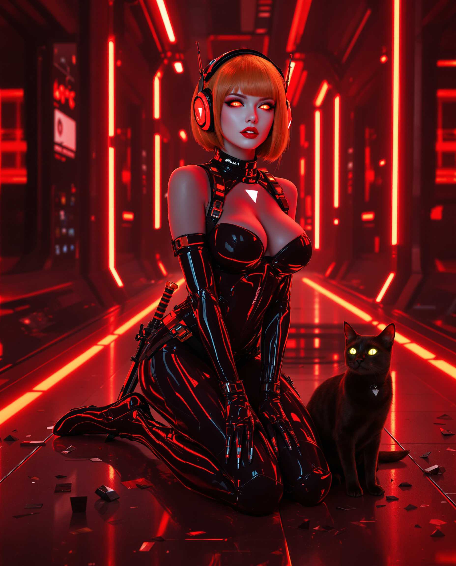 A highly detailed cyberpunk realistic photo (photograph) of a female real person in the style of digital concept art, featuring a seductive female android assassin with pale porcelain skin, sharp angular features, glowing crimson red eyes with a hypnotic intensity, and short vibrant orange hair styled in a sleek bob cut with a white triangular highlight on the forehead. She wears a glossy black latex bodysuit that clings tightly to her curvaceous figure, emphasizing her ample bust and athletic build, complete with metallic buckles, glowing red accents labeled "aifluxart", high-tech straps, and a choker collar; red over-ear headphones with antennae adorn her head, and a black katana sword is sheathed diagonally across her back. She kneels provocatively on a slick, reflective red-tinted floor in a dimly lit futuristic chamber with scattered tech debris and crimson neon lighting casting dramatic shadows and highlights, her gloved hands resting on her thighs, lips slightly parted in a sultry expression as she gazes upward at the viewer. A sleek black cat with glowing eyes sits calmly beside her, adding an air of mystery. The medium is hyper-realistic digital painting with high gloss and specular reflections on the latex material, vibrant color palette dominated by deep blacks, fiery reds, and contrasting oranges, intricate lighting effects with volumetric god rays and bloom, ultra-high resolution, 8K quality, sharp focus on textures like shiny latex sheen and metallic details, atmospheric depth with subtle fog and cyberpunk grit.