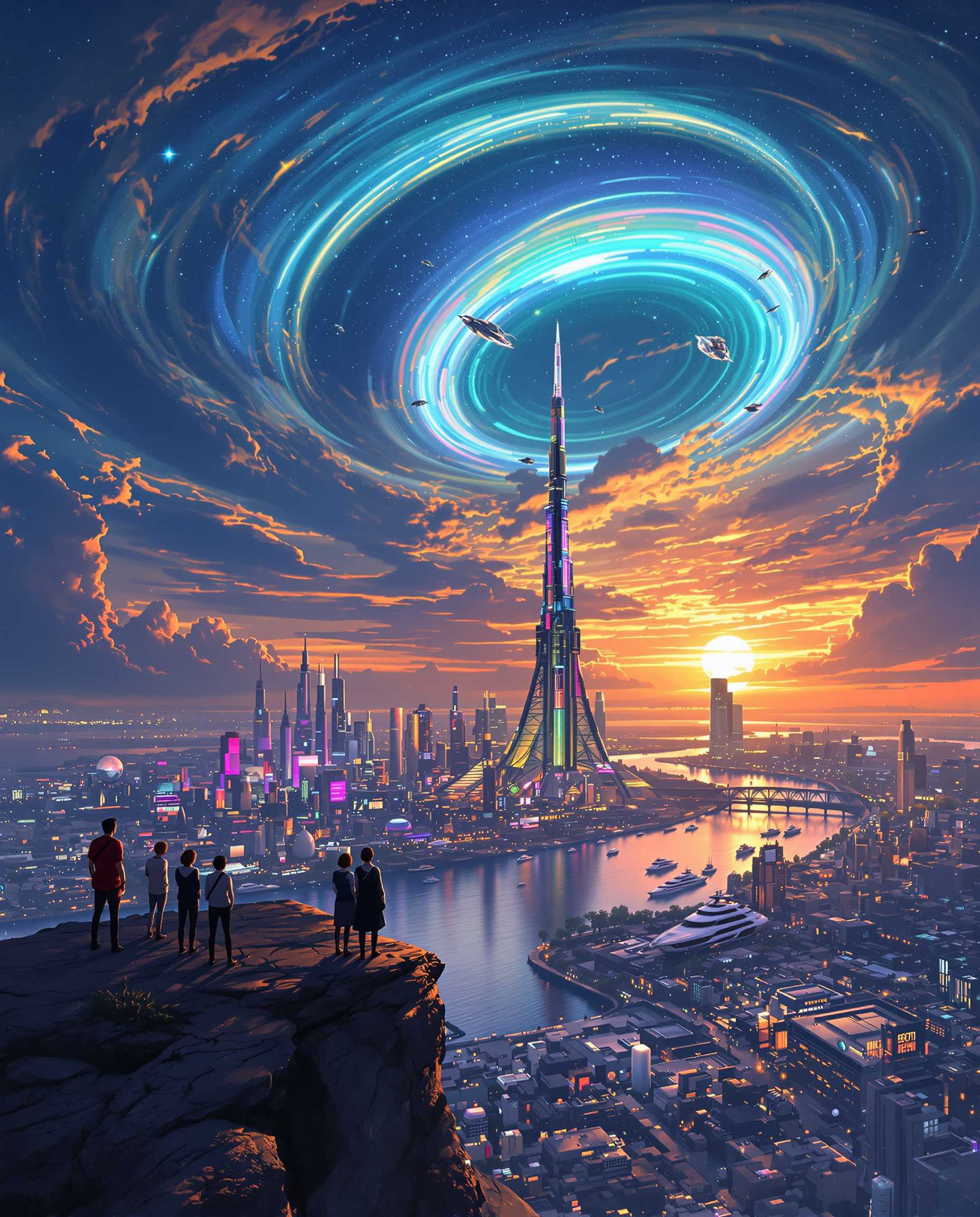 A breathtaking futuristic cityscape at twilight, viewed from a high rocky cliff in the foreground where silhouetted figures stand gazing at the scene, including a few people in casual attire with subtle glowing elements on their clothing, the cliff edge cracked and textured with small rocks and sparse vegetation. Below, a wide reflective river or canal winds through the sprawling metropolis, dotted with sleek, illuminated boats and yachts gliding on the golden-hued water that mirrors the vibrant sunset. The city features towering spires and skyscrapers in a cyberpunk style, with the central tallest tower piercing the sky like a needle, adorned with neon lights in purples, blues, and pinks, surrounded by clusters of high-tech buildings, bridges, and hovering vehicles emitting soft glows. The sky is a dramatic expanse of swirling clouds in deep blues and indigos transitioning to fiery oranges and yellows at the horizon, with a massive curved planetary ring or aurora-like arc glowing in teal and green, arching across the heavens and casting ethereal light. Stars twinkle faintly amid the cosmic nebula effects, evoking a sense of wonder and vastness. Rendered in highly detailed digital art style inspired by anime and sci-fi illustrations, similar to Makoto Shinkai or Studio Ghibli with enhanced realism, using vibrant color palette of cool blues contrasting warm sunset golds, high dynamic range lighting, intricate textures on architecture and water ripples, atmospheric depth with subtle fog and light blooms, ultra-high resolution, cinematic composition with a slight fisheye lens distortion for immersion.