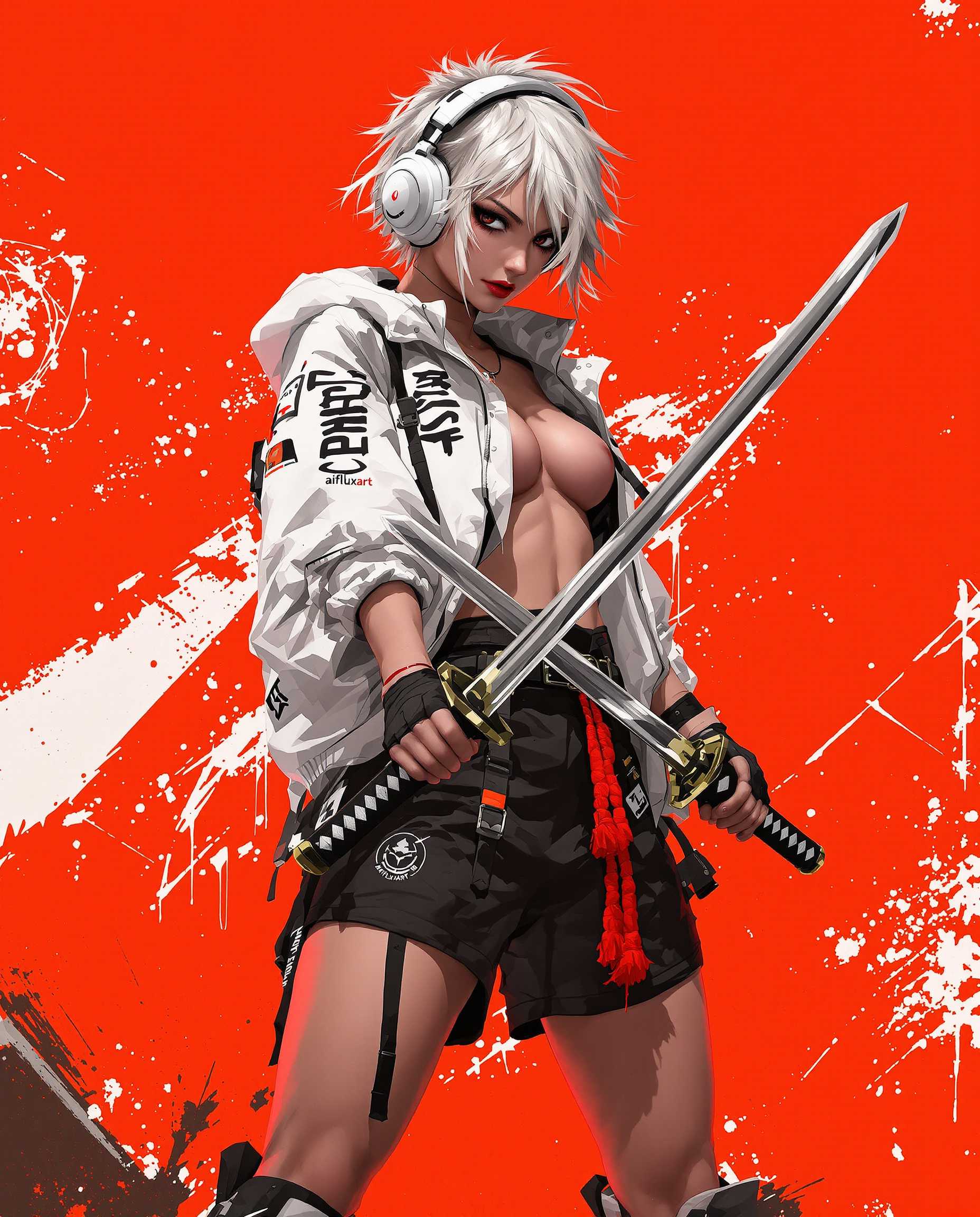A highly detailed digital illustration in a dynamic realistic photo (photograph) of a female real person cyberpunk style, featuring a fierce young woman with short, tousled silver-white hair with dark roots, sharp black eyes, and a determined expression. She wears oversized white headphones on her head, a loose white jacket with bold black graffiti-style text and patches like "aifluxart" and logos, draped off one shoulder, paired with high-waisted black shorts adorned with printed designs, a utility belt with pouches and straps, fingerless black gloves, and chunky white sneakers with black accents and red socks. She confidently poses in a three-quarter view, standing with legs apart, holding two gleaming katana swords crossed in front of her—one in each hand, with red tassels on the hilts and subtle blood-like stains on the blades. The background is a vibrant solid orange-red with abstract white paint splatters and brush strokes for a dramatic, energetic effect. Rendered in high-contrast digital painting medium with sharp linework, soft shading, dramatic lighting from the side casting long shadows, and a cool-toned color palette dominated by reds, whites, and blacks, evoking a sense of urban rebellion and intensity, ultra-high resolution, intricate details on fabrics and metal textures, cinematic composition.