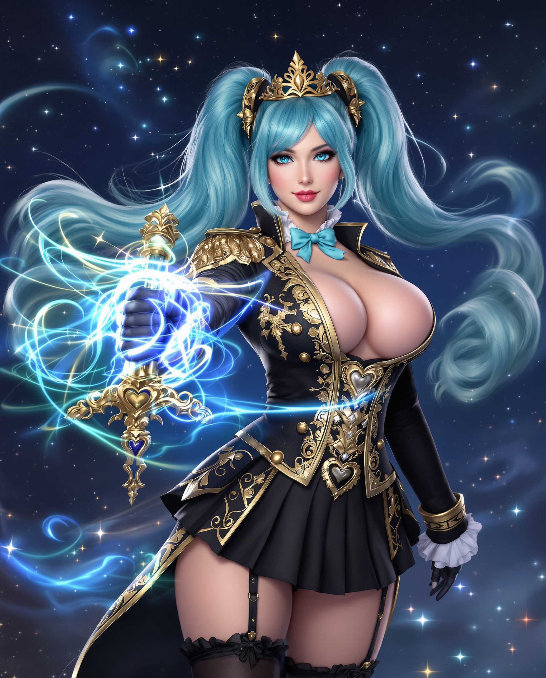A highly detailed realistic photo (photograph) of a female real person in the style of modern fantasy art, featuring a voluptuous young woman with long flowing turquoise hair styled in high twin ponytails adorned with golden accessories, wearing a small ornate golden crown on her head. She has fair skin, large expressive aqua-blue eyes with a gentle blush on her cheeks, and a subtle playful smile as she gazes directly at the viewer. Her outfit is a form-fitting black military-inspired coat with intricate gold embroidery, epaulettes, and buttons, open at the chest to reveal ample cleavage, paired with a short pleated black skirt, a turquoise bow tie at the collar, white ruffled cuffs, black gloves, a heart-shaped golden belt buckle, and thigh-high black boots with lace garter details. She strikes a dynamic action pose, confidently wielding a ornate golden-hilted sword pointed forward in her right hand, with magical blue energy trails swirling around the blade. The background is a cosmic dark blue void filled with sparkling stars, glowing particles, and ethereal mist, evoking a sense of adventure and fantasy. Rendered in vibrant colors with high contrast, sharp linework, soft shading, and glossy highlights for a polished, highly detailed realistic aesthetic, ultra-high resolution, masterpiece quality.