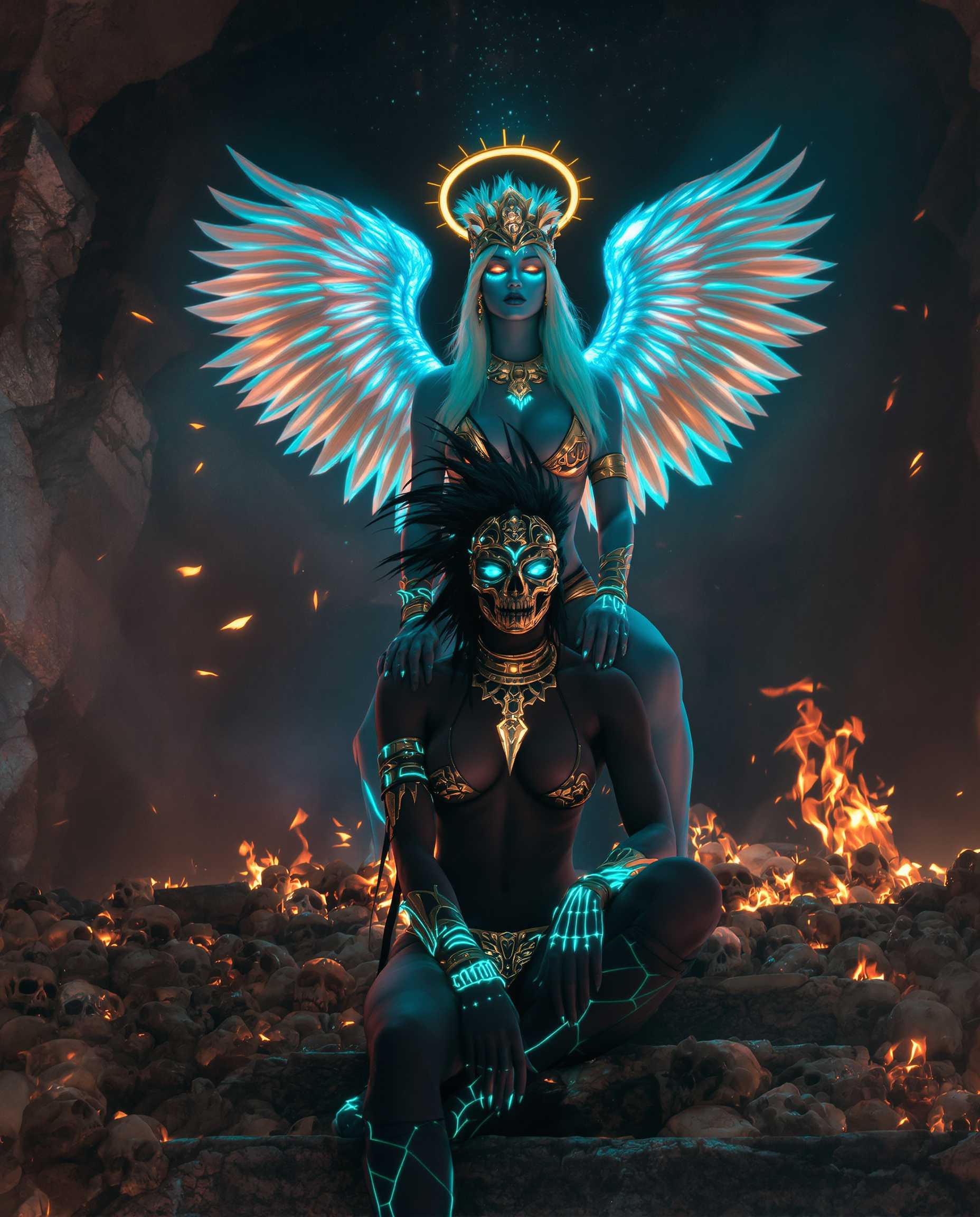 A highly detailed digital realistic photo (photograph) of a female real person in a vibrant, ethereal style, featuring two mystical female warriors with angelic wings perched in an ancient, ruined temple surrounded by glowing skulls. The foreground figure is a dark-skinned woman with intricate tribal tattoos, wearing a golden skull mask that covers her eyes, spiky black hair adorned with feathers, a skimpy black bikini armor, gold jewelry including necklaces and armbands, and glowing teal energy lines tracing her muscular body; she sits cross-legged on stone steps, one hand resting on her thigh, exuding a fierce yet serene aura. Behind her looms a taller, ethereal blue-skinned angel with pale turquoise hair cascading down, wearing an elaborate Aztec-inspired headdress with feathers and gems, minimal golden armor accentuating her curvaceous form, large iridescent teal wings with golden edges unfurled dramatically, and radiant halo-like circles of light encircling her head; she hovers protectively, one hand gently touching the seated figure's shoulder, with bioluminescent veins pulsing in teal across her skin. The scene is set in a dimly lit, cavernous ruin with crumbling stone architecture, piles of illuminated orange-glowing skulls scattered on the ground, floating embers and mystical particles in the air, warm golden and fiery orange lighting contrasting against cool teal and blue tones, creating a mystical, otherworldly atmosphere with high contrast, intricate details on feathers, textures, and jewelry, rendered in ultra-high resolution with sharp focus, dramatic chiaroscuro lighting, and a sense of ancient power and forbidden ritual.