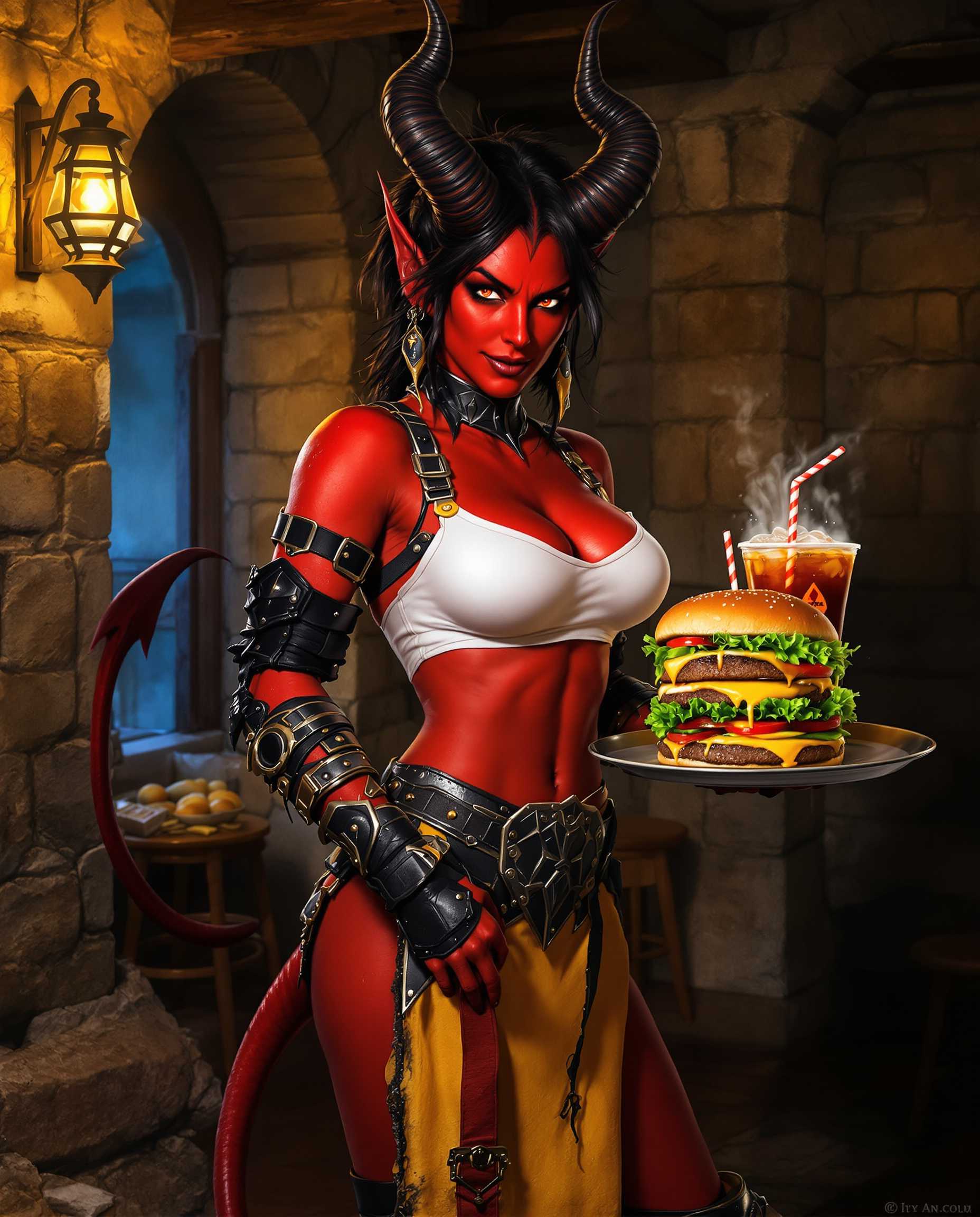 A highly realistic photo (photograph) of a female real person in a vibrant realistic style, with sharp linework, dynamic shading, and rich textures evoking a mix of cel-shaded and painterly mediums. The central figure is a fierce yet alluring female demon or tiefling waitress, with deep crimson red skin that gleams under dim lighting, muscular athletic build with defined abs and curves, piercing glowing red eyes with black sclera, wild black hair tousled around large curved black horns that twist upward like a ram's, pointed ears, and a confident smirk on her face. She wears a form-fitting white crop top that exposes her midriff, layered with rugged black leather and metal armor pieces including shoulder guards, arm bracers with straps and buckles, a thick black belt around her waist, tattered yellow apron stained with grease and wear, thigh-high black greaves with red accents, and a long red tail ending in a spade tip visible behind her. She stands in a dimly lit medieval tavern interior made of rough stone walls and pillars, with flickering warm yellow lantern light from a hanging fixture on the left casting dramatic shadows, wooden stools and debris in the background, and a sense of cozy yet ominous atmosphere with subtle fog and particle effects. In her hands, she balances a large metal serving tray laden with two oversized juicy cheeseburgers stacked high with sesame-seed buns, melted cheese, fresh lettuce, tomato slices, pickles, and dripping sauces, accompanied by two tall plastic cups of fizzy cola with ice cubes, condensation droplets, and striped straws poking out. The color palette emphasizes warm reds, oranges, and browns for the character and food, contrasted with cool grays and blues in the stone background, high contrast lighting with rim lights highlighting her contours, intricate details on textures like scuffed armor, glossy burger drips, and subtle steam rising from the food, overall composition centered on the character in a three-quarter view, exuding a playful mix of fantasy adventure and fast-food whimsy.