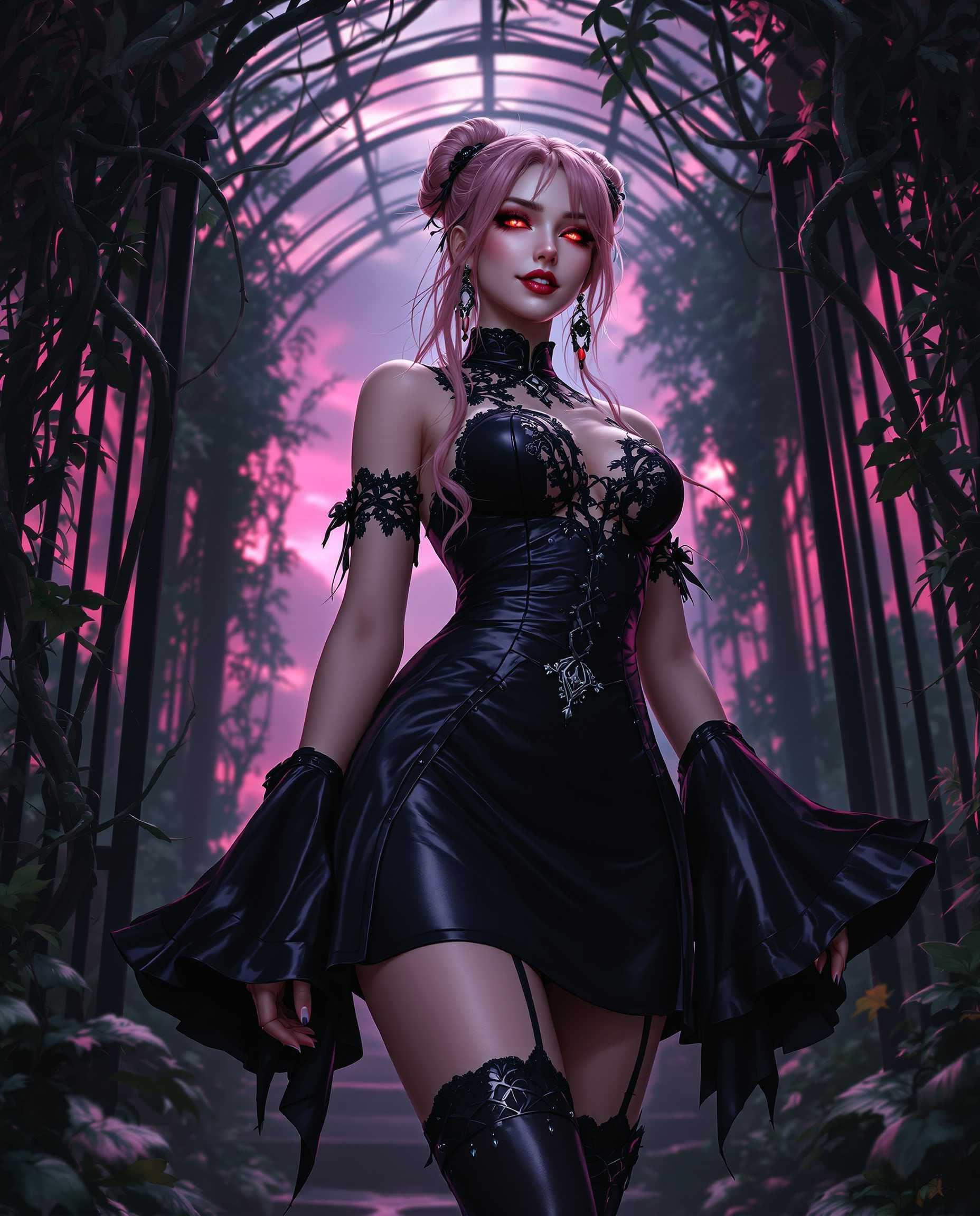 A highly detailed digital realistic photo (photograph) of a female real person in a dark fantasy style,  featuring a voluptuous young woman with pale skin, sharp crimson-red eyes glowing intensely, and long flowing pink hair tied in a loose bun with strands cascading down her shoulders. She stands confidently in a low-angle view, exuding a seductive and mysterious aura, her expression calm and slightly smirking with parted lips. She wears a form-fitting black cheongsam-style dress with intricate lace patterns and glossy sheen, wide bell sleeves, a high collar, and a cinched waist belt with ornate knots, the skirt pleated and short, revealing her thighs. Black thigh-high stockings with garter straps and lace tops hug her legs, paired with shiny black boots. The background is a dimly lit, overgrown gothic conservatory or ruined greenhouse with twisted black vines and iron bars framing the scene, a vibrant magenta-pink sky peeking through dense foliage and branches, creating a dramatic contrast with deep shadows and ethereal pink glows. The medium is digital painting with sharp linework, vibrant color saturation in pinks and blacks, subtle gradients, and atmospheric lighting that casts soft highlights on her skin and clothing, emphasizing her curvaceous figure and adding a sense of depth and mystery. High resolution, intricate details on fabrics and textures, cinematic composition with rule of thirds.