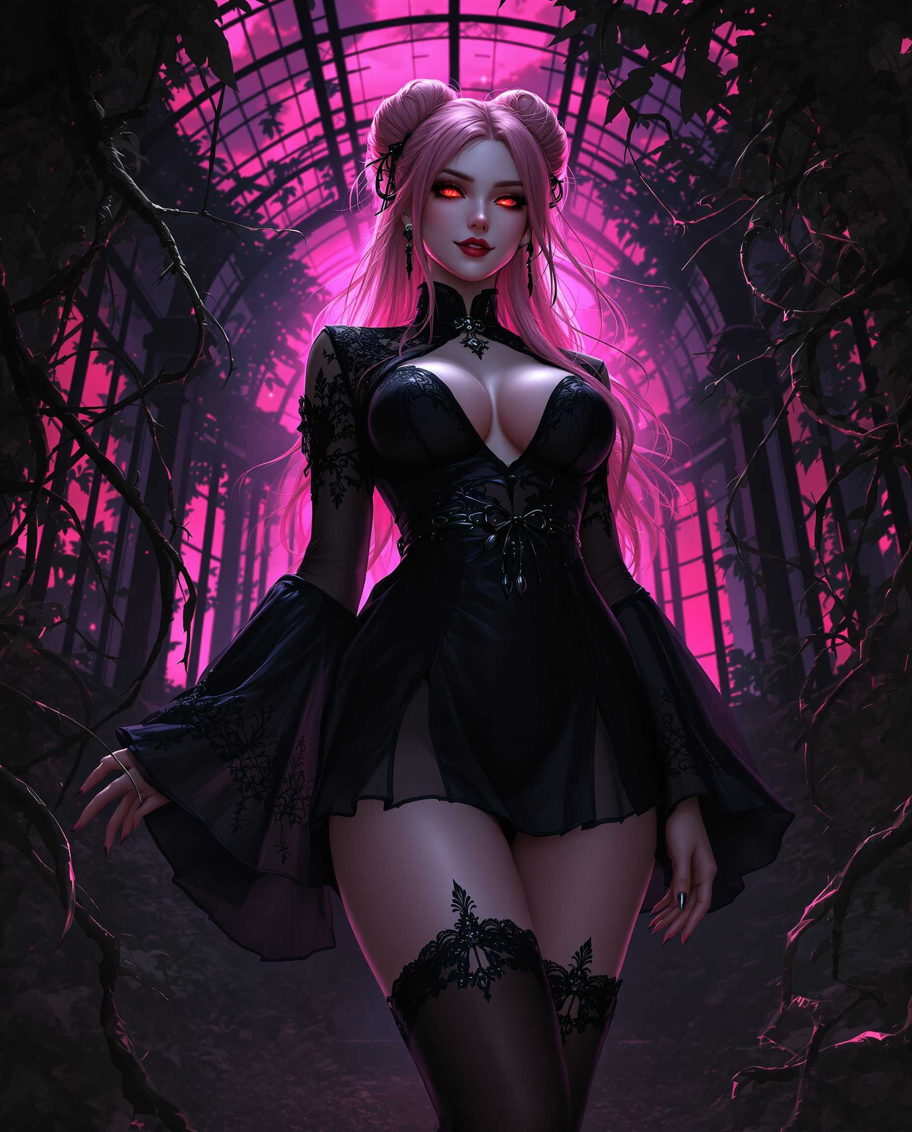 A highly detailed digital realistic photo (photograph) of a female real person in a dark fantasy style,  featuring a voluptuous young woman with pale skin, sharp crimson-red eyes glowing intensely, and long flowing pink hair tied in a loose bun with strands cascading down her shoulders. She stands confidently in a low-angle view, exuding a seductive and mysterious aura, her expression calm and slightly smirking with parted lips. She wears a form-fitting black cheongsam-style dress with intricate lace patterns and glossy sheen, wide bell sleeves, a high collar, and a cinched waist belt with ornate knots, the skirt pleated and short, revealing her thighs. Black thigh-high stockings with garter straps and lace tops hug her legs, paired with shiny black boots. The background is a dimly lit, overgrown gothic conservatory or ruined greenhouse with twisted black vines and iron bars framing the scene, a vibrant magenta-pink sky peeking through dense foliage and branches, creating a dramatic contrast with deep shadows and ethereal pink glows. The medium is digital painting with sharp linework, vibrant color saturation in pinks and blacks, subtle gradients, and atmospheric lighting that casts soft highlights on her skin and clothing, emphasizing her curvaceous figure and adding a sense of depth and mystery. High resolution, intricate details on fabrics and textures, cinematic composition with rule of thirds.