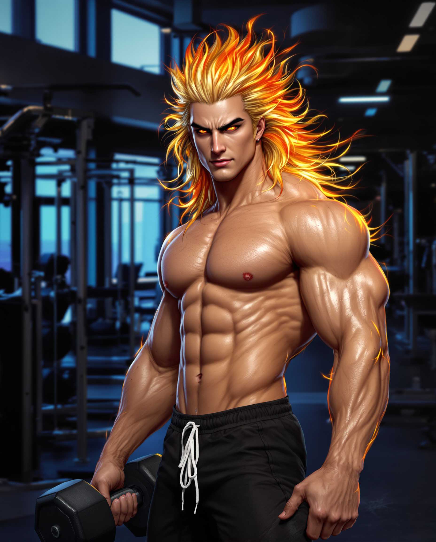 A highly detailed digital realistic photo (photograph) of a male real person in a semi-realistic style, featuring a muscular young man with flame-like hair in a modern gym setting, inspired by characters like Kyojuro Rengoku from Demon Slayer but with enhanced physique and intensity. The man has long, flowing blonde hair with vibrant red-orange tips that resemble flickering flames, styled in wild, spiky waves cascading down his back and shoulders. His face is handsome and fierce, with sharp, arched black eyebrows, piercing golden-yellow eyes with a determined gaze directed at the viewer, high cheekbones, a strong jawline, and a confident smirk. His skin is fair and glistening with sweat, highlighting his extremely defined, hyper-muscular torso: broad shoulders, massive pectorals, chiseled eight-pack abs, bulging biceps and triceps, visible veins, and a navel piercing. He is shirtless, wearing only tight black athletic shorts that hug his hips and thighs, with a white drawstring. In his right hand, he casually holds a large black dumbbell, arm flexed to show off his strength. The background is a sleek, dimly lit gym with large windows letting in soft blue daylight, metallic weight racks, exercise machines, and a polished concrete floor reflecting subtle lights. The art medium is digital painting with high contrast, dramatic lighting from overhead sources casting warm golden highlights and cool blue shadows on his body, emphasizing muscle contours and sweat droplets. Vibrant color palette dominated by warm oranges, yellows, and reds in the hair contrasting with cool grays and blacks in the gym, ultra-detailed textures on skin, hair, and fabrics, dynamic pose with a slight lean forward, evoking power, confidence, and fiery passion, in a vertical composition suitable for wallpaper, rendered in 4K resolution with sharp focus and intricate shading.
