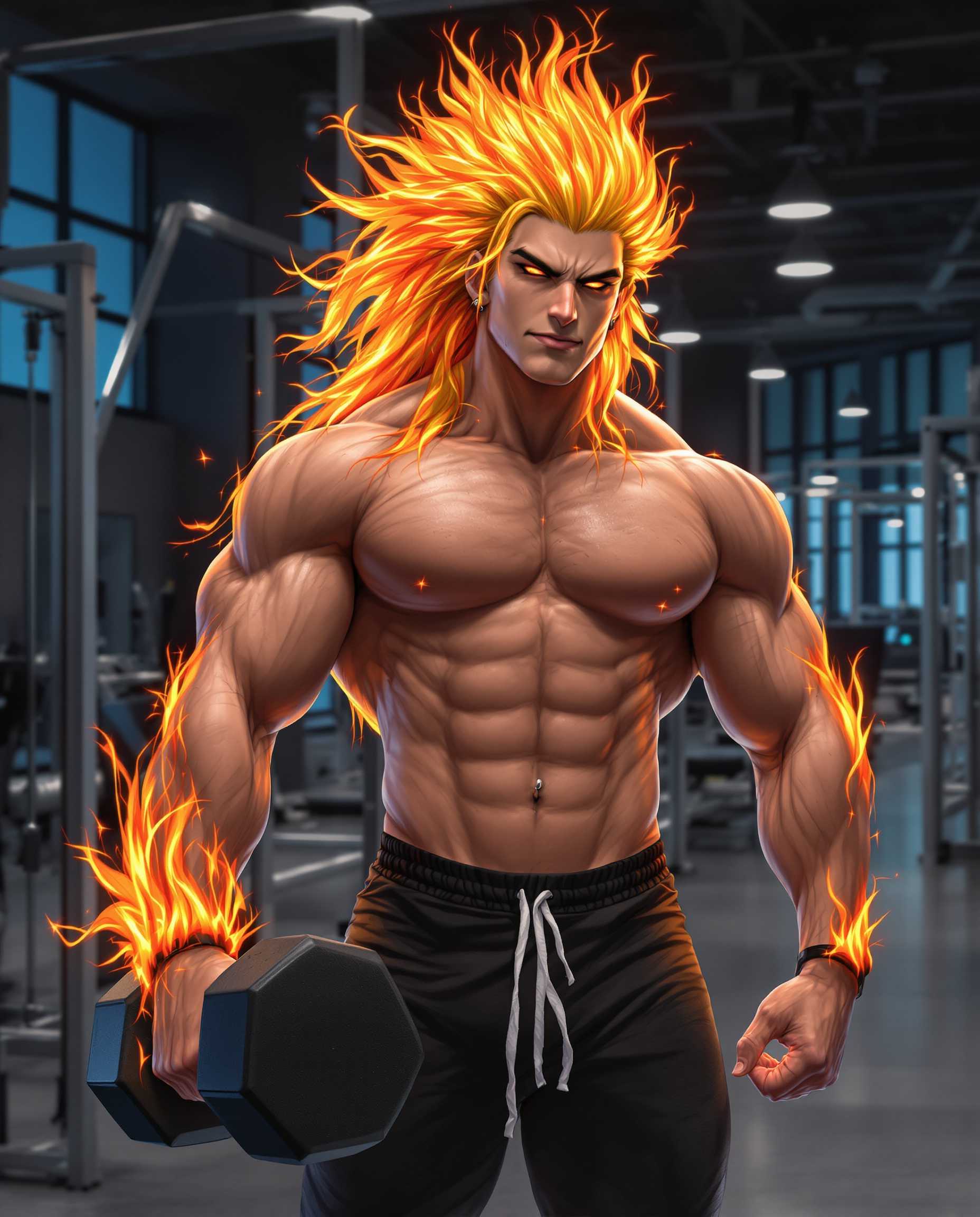 A highly realistic photo (photograph) of a male real person in a semi-realistic style, featuring a muscular young man with flame-like hair in a modern gym setting, inspired by characters like Kyojuro Rengoku from Demon Slayer but with enhanced physique and intensity. The man has long, flowing blonde hair with vibrant red-orange tips that resemble flickering flames, styled in wild, spiky waves cascading down his back and shoulders. His face is handsome and fierce, with sharp, arched black eyebrows, piercing golden-yellow eyes with a determined gaze directed at the viewer, high cheekbones, a strong jawline, and a confident smirk. His skin is fair and glistening with sweat, highlighting his extremely defined, hyper-muscular torso: broad shoulders, massive pectorals, chiseled eight-pack abs, bulging biceps and triceps, visible veins, and a navel piercing. He is shirtless, wearing only tight black athletic shorts that hug his hips and thighs, with a white drawstring. In his right hand, he casually holds a large black dumbbell, arm flexed to show off his strength. The background is a sleek, dimly lit gym with large windows letting in soft blue daylight, metallic weight racks, exercise machines, and a polished concrete floor reflecting subtle lights. The art medium is digital painting with high contrast, dramatic lighting from overhead sources casting warm golden highlights and cool blue shadows on his body, emphasizing muscle contours and sweat droplets. Vibrant color palette dominated by warm oranges, yellows, and reds in the hair contrasting with cool grays and blacks in the gym, ultra-detailed textures on skin, hair, and fabrics, dynamic pose with a slight lean forward, evoking power, confidence, and fiery passion, in a vertical composition suitable for wallpaper, rendered in 4K resolution with sharp focus and intricate shading.