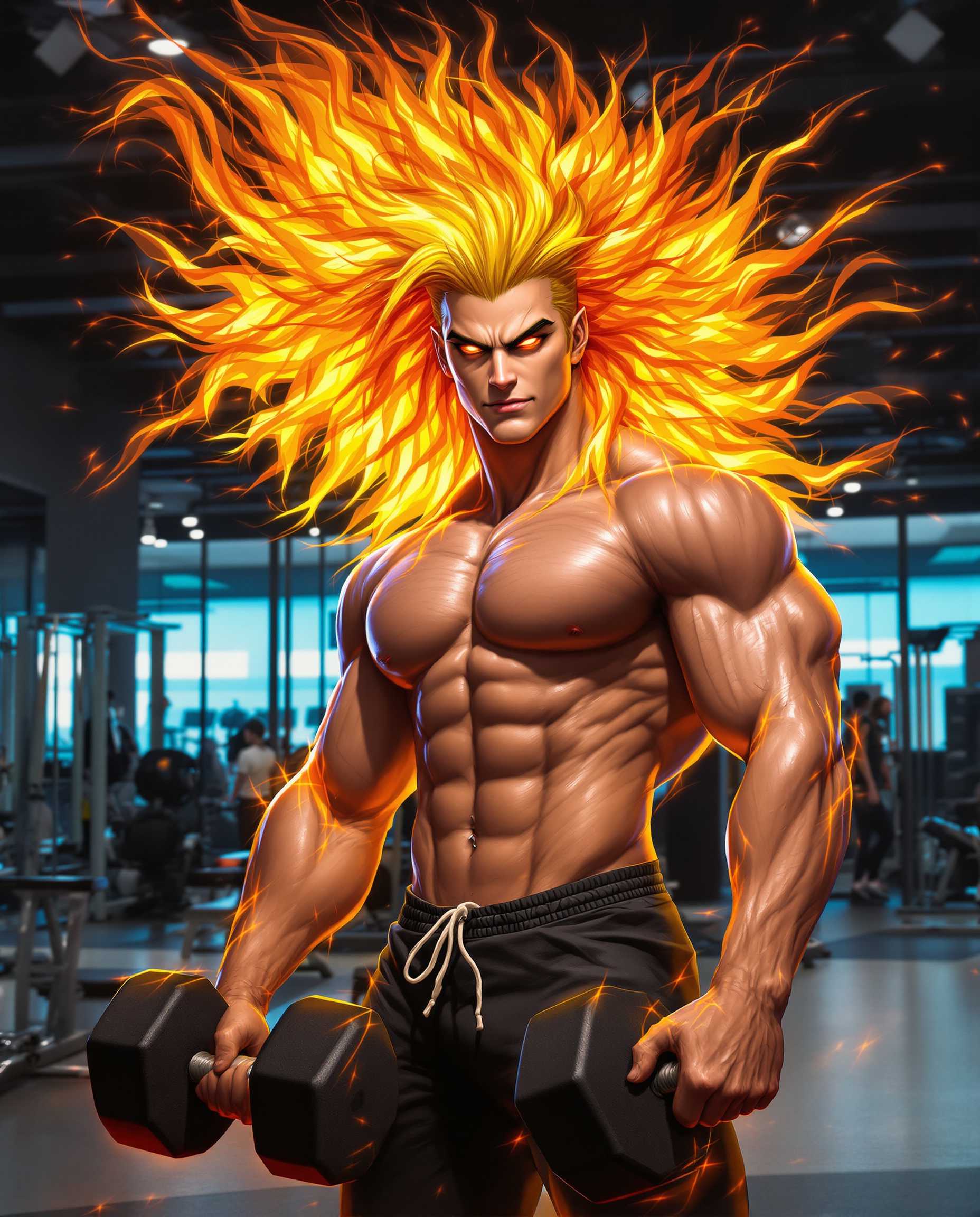 A highly realistic photo (photograph) of a male real person in a semi-realistic style, featuring a muscular young man with flame-like hair in a modern gym setting, inspired by characters like Kyojuro Rengoku from Demon Slayer but with enhanced physique and intensity. The man has long, flowing blonde hair with vibrant red-orange tips that resemble flickering flames, styled in wild, spiky waves cascading down his back and shoulders. His face is handsome and fierce, with sharp, arched black eyebrows, piercing golden-yellow eyes with a determined gaze directed at the viewer, high cheekbones, a strong jawline, and a confident smirk. His skin is fair and glistening with sweat, highlighting his extremely defined, hyper-muscular torso: broad shoulders, massive pectorals, chiseled eight-pack abs, bulging biceps and triceps, visible veins, and a navel piercing. He is shirtless, wearing only tight black athletic shorts that hug his hips and thighs, with a white drawstring. In his right hand, he casually holds a large black dumbbell, arm flexed to show off his strength. The background is a sleek, dimly lit gym with large windows letting in soft blue daylight, metallic weight racks, exercise machines, and a polished concrete floor reflecting subtle lights. The art medium is digital painting with high contrast, dramatic lighting from overhead sources casting warm golden highlights and cool blue shadows on his body, emphasizing muscle contours and sweat droplets. Vibrant color palette dominated by warm oranges, yellows, and reds in the hair contrasting with cool grays and blacks in the gym, ultra-detailed textures on skin, hair, and fabrics, dynamic pose with a slight lean forward, evoking power, confidence, and fiery passion, in a vertical composition suitable for wallpaper, rendered in 4K resolution with sharp focus and intricate shading.