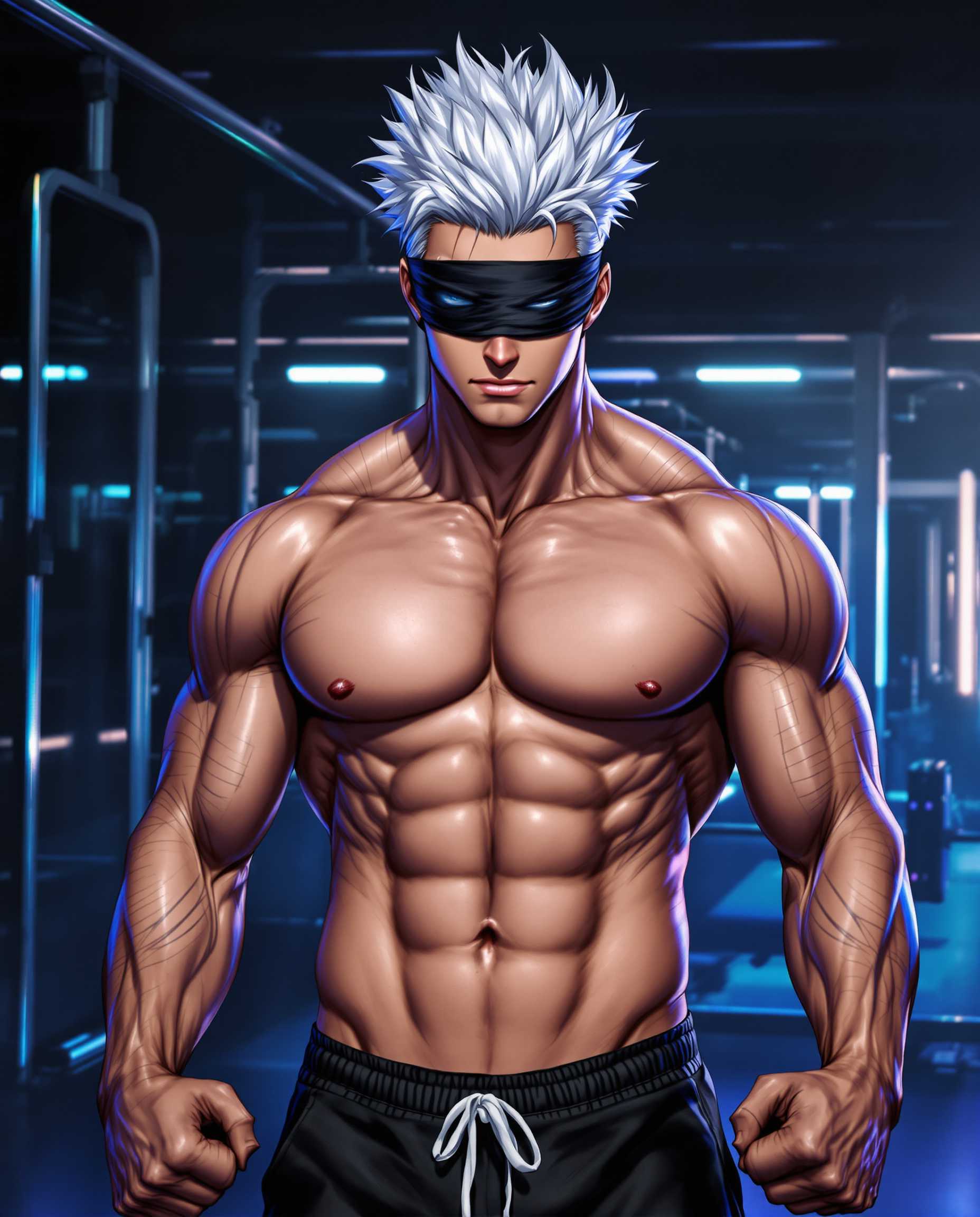 A highly detailed realistic photo (photograph) of a male real person of a muscular young man with spiky silver-white hair, piercing blue eyes partially obscured by a black blindfold-like marking across his face, exuding an intense and confident aura, standing shirtless in a dimly lit modern gym. His physique is hyper-muscular and veined, with defined abs, broad shoulders, bulging biceps, and sweat glistening on his tanned skin under dramatic spotlighting. He wears tight black athletic shorts that hug his thighs, with a white drawstring, and his fists are clenched at his sides in a powerful pose. The background features blurred gym equipment like barbells, weight plates, and racks in shades of gray and metallic silver, with a foggy atmosphere and subtle neon glows in blue and purple hues. Art style is semi-realistic anime with hyper-detailed shading, dynamic lighting contrasts, vibrant color palette dominated by cool blues, silvers, and blacks, high resolution, sharp lines, and a sense of motion and intensity, inspired by Sanemi Shinazugawa from demon slayer aesthetics.