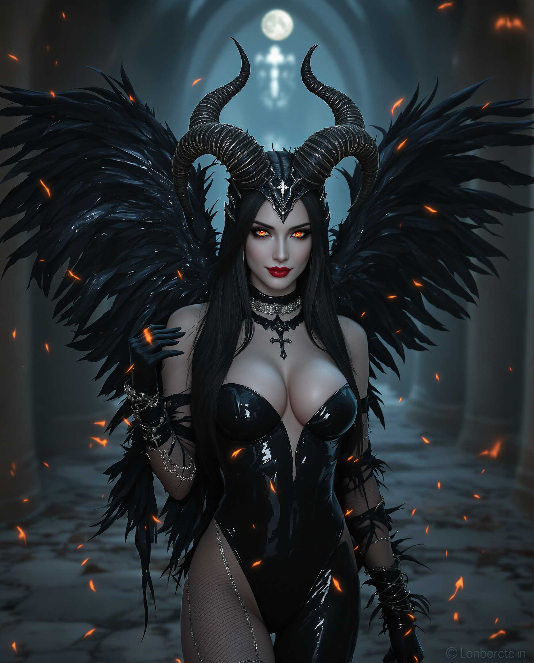 A highly detailed realistic photo (photograph) of a female real person in a dark fantasy anime style, featuring a seductive female demoness with pale porcelain skin, sharp angular features, piercing crimson eyes with subtle glow, and long flowing raven-black hair cascading over her shoulders. She wears an ornate black horned headdress resembling curved ram horns with feather-like extensions, integrated seamlessly into her hair. Her attire consists of a form-fitting glossy black latex bodysuit with sheer mesh panels on the arms and chest, accentuating her curvaceous figure, adorned with silver chains, a inverted cross pendant necklace, and intricate metallic buckles. Large, tattered black feathered wings sprout from her back, slightly spread with ethereal shadows and subtle glowing embers at the tips. She poses confidently in a three-quarter view, gazing directly at the viewer with a mysterious, alluring smirk, one gloved hand raised subtly as if casting a spell. The background is a misty, ruined gothic cathedral at dusk, with crumbling stone arches, faint beams of moonlight filtering through fog, and scattered orange embers floating in the air, creating a moody atmosphere of dark enchantment. Rendered in a hyper-realistic digital medium with high contrast, deep blacks, cool blues and purples in the shadows, warm golden highlights on metallic surfaces, and volumetric lighting for dramatic depth and shine on the latex textures. Ultra-high resolution, intricate details on feathers, skin pores, and fabric sheen, evoking a sense of forbidden allure and supernatural power.