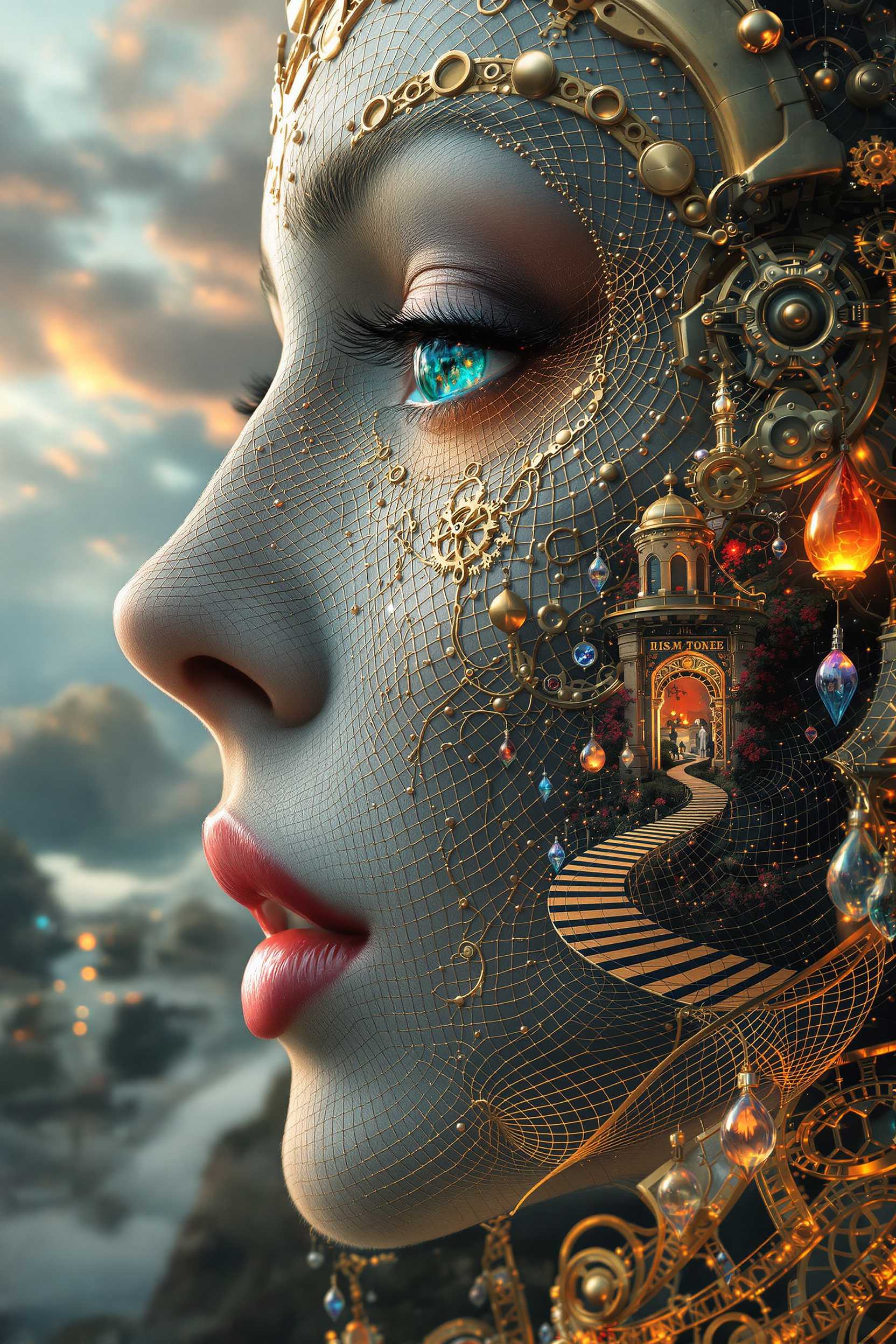 A highly detailed surreal fantasy portrait of a enigmatic female face in profile, blending organic human features with intricate mechanical and ethereal elements, rendered in a vibrant, hyper-realistic digital art style inspired by steampunk surrealism and artists like Brian Froud and H.R. Giger. The face is composed of a delicate wireframe mesh overlaid on porcelain skin, adorned with glowing orbs, brass gears, crystalline bubbles, and swirling filigree patterns in metallic gold, silver, and iridescent blues. Her large, expressive eye features a piercing green iris with golden flecks, dramatic black lashes, and a teardrop-like bubble reflecting a miniature Victorian figure. The nose and full red lips are sensually realistic, transitioning seamlessly into a fantastical landscape emerging from her cheek and jawline: a winding cobblestone path with checkered black-and-white tiles leads through ornate golden arches to a distant fairy-tale castle on autumn-hued cliffs, surrounded by floating islands, misty clouds, and blooming red flowers under a stormy sky. Composition is vertical and asymmetrical, with the face dominating the upper two-thirds in close-up focus, creating depth through layered foreground elements like dangling jewels and background vista. Lighting is dramatic and volumetric, with warm golden hour glow illuminating the mechanical details and casting long shadows across the landscape, contrasted by cool blue highlights on the mesh and ethereal fog; high dynamic range, intricate textures, sharp focus on facial details fading into soft atmospheric perspective in the distance, ultra-high resolution, 8K quality with rich color saturation in oranges, reds, and teals for a mesmerizing, otherworldly atmosphere.