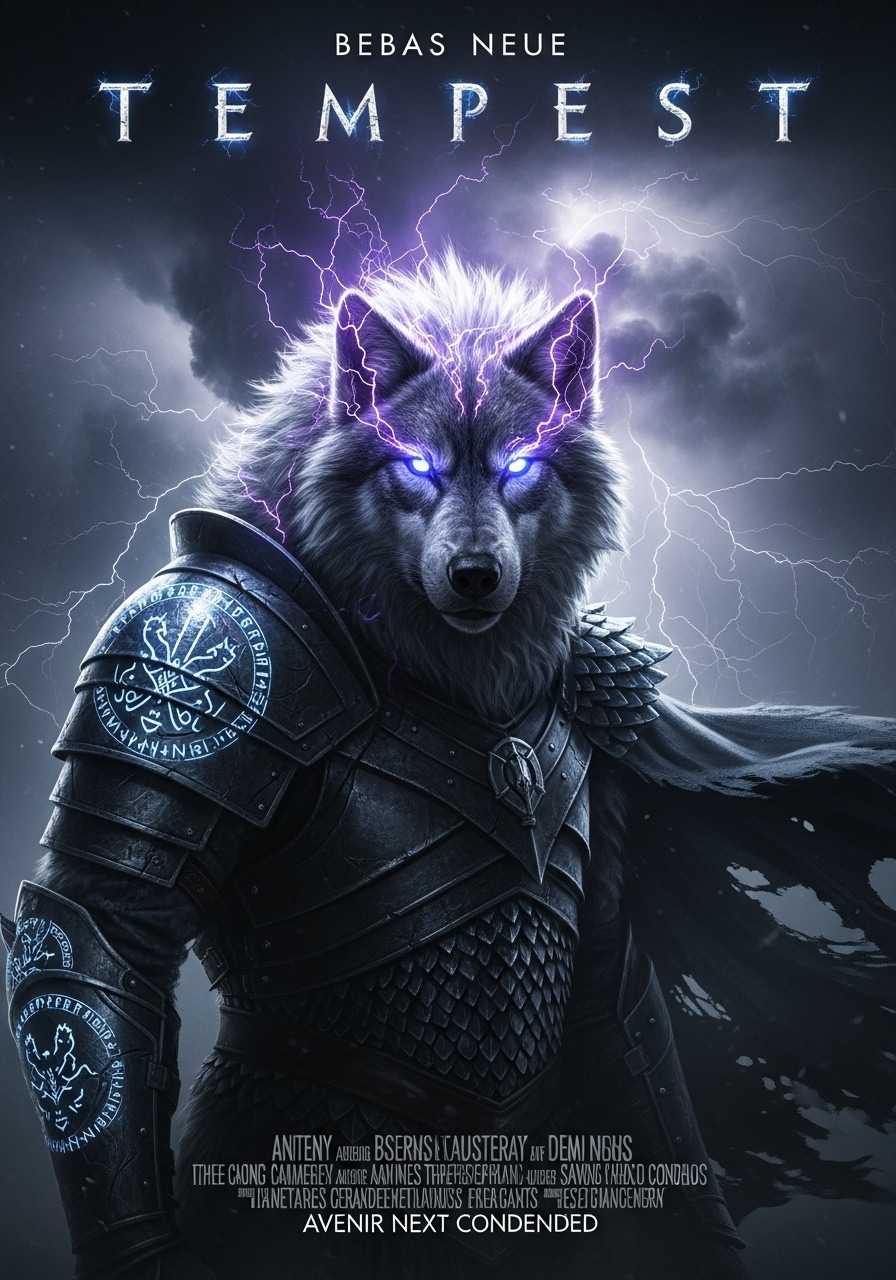 A dire wolf storm rider, his mane crackling with violet lightning, eyes glowing electric white as thunderheads swirl behind him. His armored pauldron bears ancient runes that shimmer like captured storms, and thunderous winds whip his tattered cloak of obsidian scales. Typography: "Tempest" in Bebas Neue, carved from turbulent cloud forms with subtle electric glows. Credits and tagline in Avenir Next Condensed, maintaining a sleek sci-fi presence. A movie poster style, a dark color tone, a film grain effect, a full-body shot, and high details., and vintage tones., cinematic, high resolution, high-contrast, movie texture, movie lighting, with text and letters below it., dark tones, creating a mysterious atmosphere. It is high-definition photography with cinematic effects