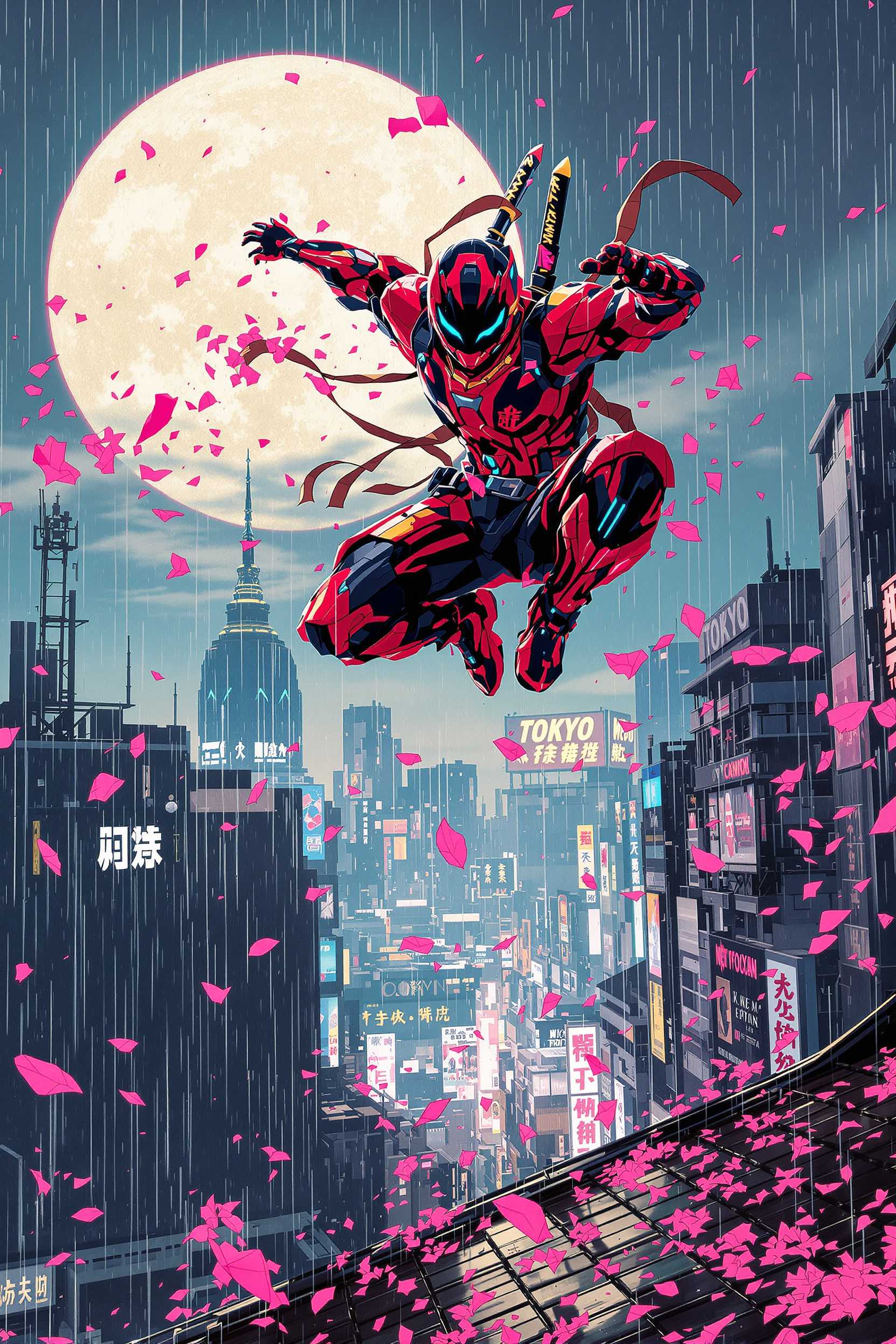  (Core description: spirited teenage cyber-ninja vaulting from a crimson katana-mecha amid moonlit Neo-Tokyo skyline), (Style keywords: dynamic anime cel-shaded ultrachromatic, style raw), (Medium: hand-inked 2D animation frame with digital paint-over) inspired by (Art movement Ukiyo-e futurism) and (Visual treatment kinetic speed-line smear frames), (Key materials: carbon-fiber armor plates, neon signage reflections, slick rain-soaked rooftop tiles, holographic kanji sparks, drifting sakura petals), (Emotion / Narrative: electric rush of youthful heroism), (Lighting & Atmosphere: top-left lunar key light, magenta rim flare, swirling misty rain, high contrast, printable shadow detail), (Composition & Perspective: low Dutch angle close-up, 24 mm lens exaggeration, neg-space upper right for title text, layered depth with parallax shards), (Color Control: dominant #e11d48 neon crimson, accent #38bdf8 electric cyan, support #fde047 pastel gold, sRGB gamut, ultrachromatic boost but clamp violet/purple shift), (Background & Environment: soaring neon billboards and silhouetted high-rises receding into hazy night), (Additional elements / textures: subtle film-grain overlay), (Technical-capture: virtual Canon EOS R5 emulation, ISO 160, f/2.8, 1/60 s, 35 mm prime, HDR blend), (Post-processing: Clip Studio Paint cel-shade layers, Photoshop overlay blend, selective cyan-crimson grade, vignette 10 %), (Resolution & Quality: 124 K, 300 dpi, ultra-sharp, 64-bit depth), (Negative: --no watermark --no lens-flare)