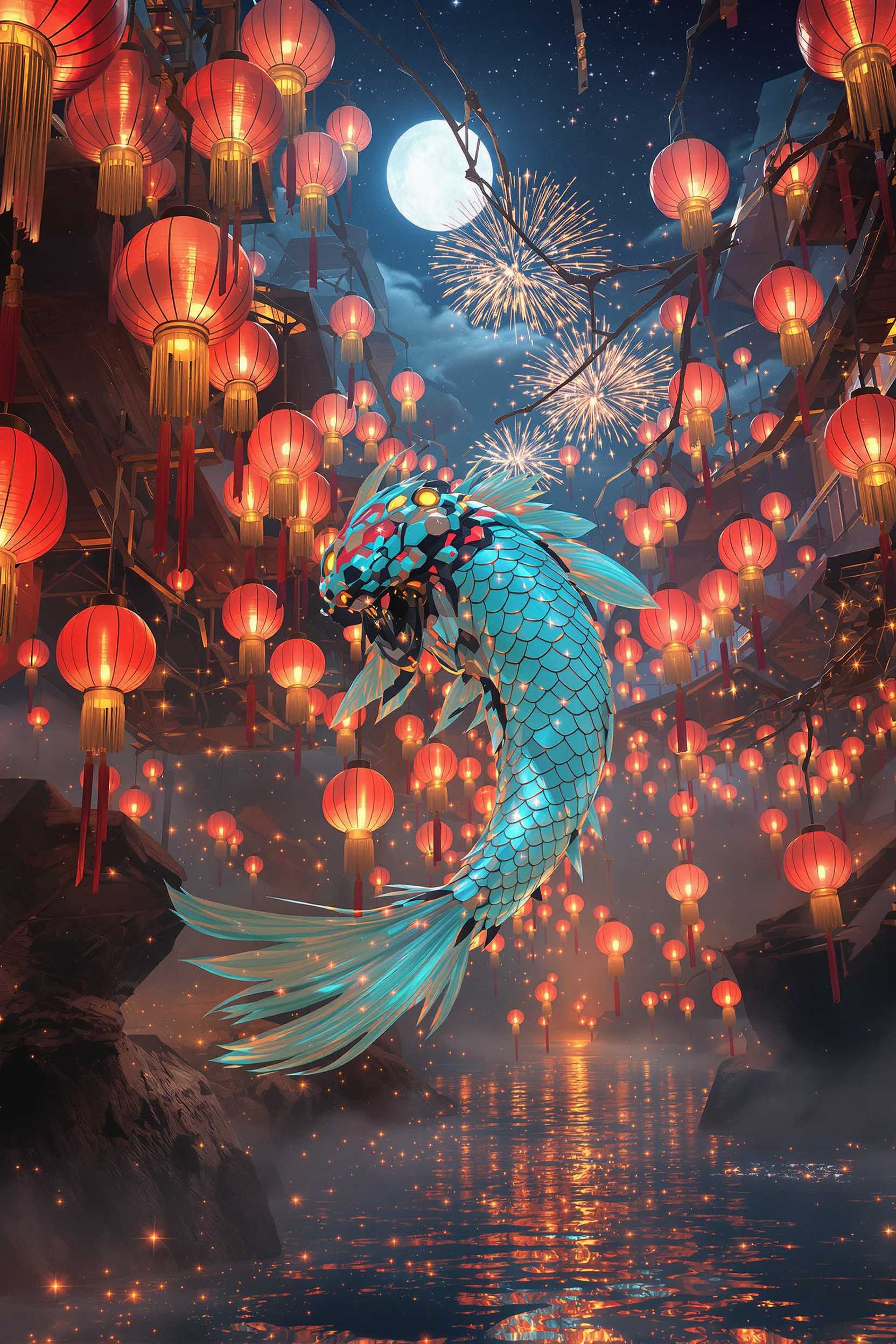 (Core description: colossal jade‑chrome mecha‑koi gliding through a suspended river of glowing paper lanterns under a midnight festival sky), (Style keywords: hyper‑real cinematic dreamscape, style raw), (Medium: digital painting / 3D hybrid) inspired by (Art movement Edo floating‑world) and (Visual treatment luminescent water‑gravity inversion), (Key materials: lacquered scale armor, rippling liquid‑light, silk tassel lanterns, mist droplets, ember sparks), (Emotion / Narrative: tranquil wonder as folklore awakens), (Lighting & Atmosphere: top‑down moonbeam key, amber lantern rim glow, drifting mist haze, high contrast, printable shadow detail), (Composition & Perspective: sweeping overhead three‑quarter view, 35 mm lens depth, neg‑space upper right for title block, layered lantern corridors), (Color Control: dominant #ff5e5e coral lantern red, accent #0ea5e9 electric aqua, support #fde047 sunrise gold, sRGB gamut, ultrachromatic boost but clamp violet/purple shift), (Background & Environment: starry night canopy with distant festival fireworks reflected in water ribbon), (Additional elements / textures: subtle silk‑fiber grain + soft film noise), (Technical‑capture: Canon EOS R5, ISO 400, f/2.8, 1/60 s, 35 mm prime, HDR 3‑shot blend), (Post‑processing: Photoshop overlay blend, selective coral‑aqua grade, vignette 10 %), (Resolution & Quality: 124 K, 300 dpi, ultra‑sharp, 64‑bit depth), (Negative: --no watermark --no purple)

MidJourney v7 → --ar 2:3 --stylize 720 --chaos 18 --exp 60 --seed 3321