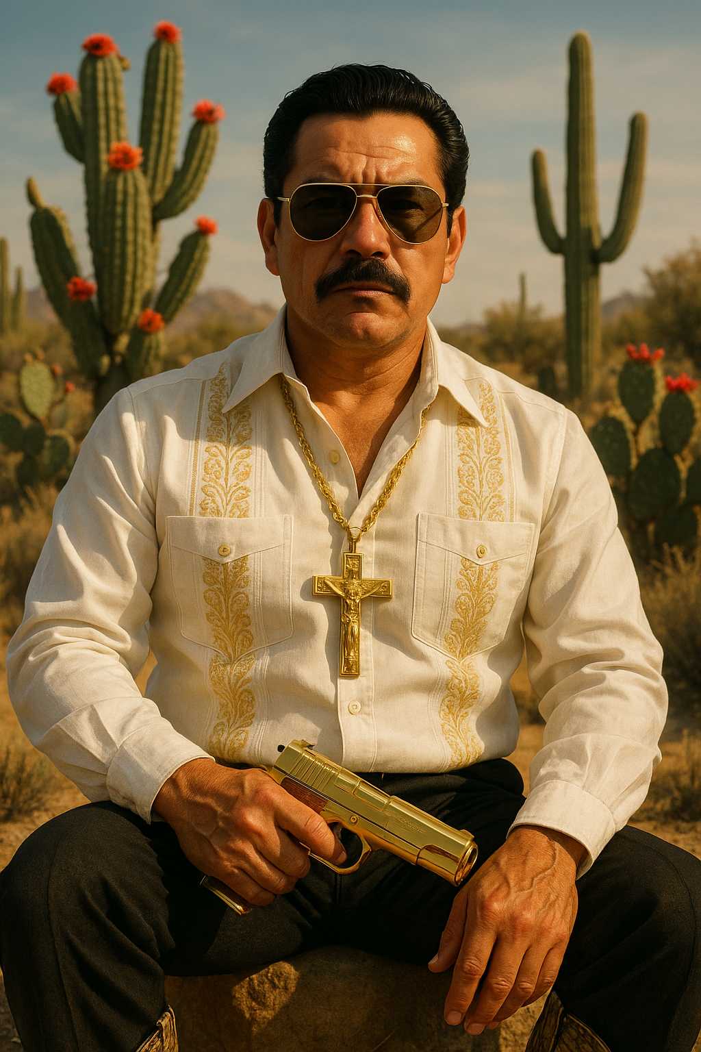 Portrait of a flamboyant Mexican cartel boss in a white guayabera with gold embroidery, oversized gold crucifix, snakeskin boots, aviator sunglasses, and a golden pistol resting on his lap, posing confidently against a desert backdrop with blooming cacti â photorealistic, cinematic lighting