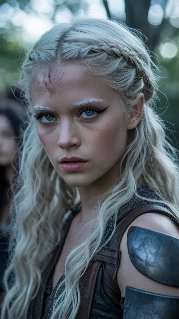 cinematic film still, 1girl, fierce,  braided hair, white hair, mysterious,  alluring white eyes a paragon of beauty,  armor,  shallow depth of field, vignette, highly detailed, high budget, bokeh, cinemascope, moody, epic, gorgeous, film grain, grainy, Photo realistic,, RAW candid cinema, 16mm, color graded portra 400 film, remarkable color, remarkable detailed pupils, shot with cinematic camera, black eyeliner