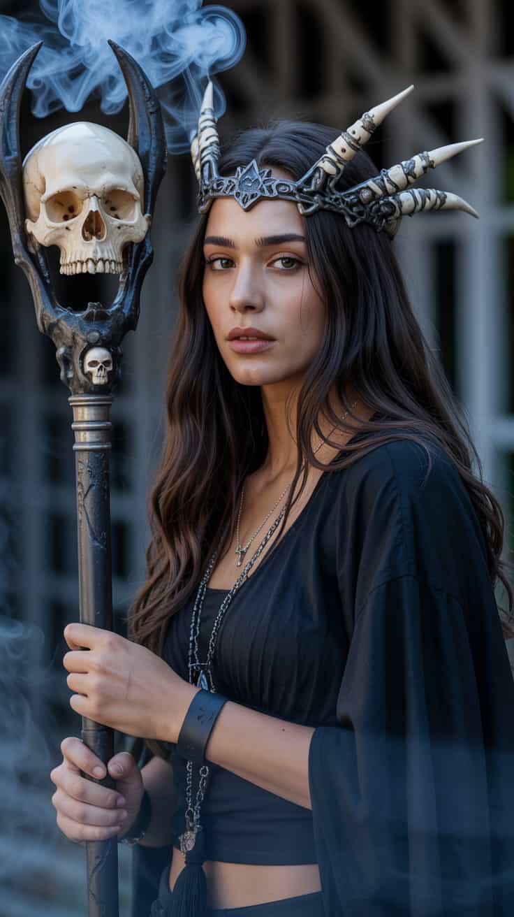[realistic lighting],[photo],[photorealistic], woman, 21 yo, black mage, mage staff, skulls, smoke, native american, dark makeup, dark theme, lazypos, Photo realistic, hyper detail, hyper realistic