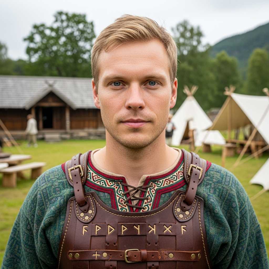 {
  "subject": {
    "description": "A man with fair hair, blue eyes, wearing a period-accurate tunic and leather armor typical of Viking era reenactments. Includes: tunic with Norse design patterns, leather armor with straps and buckles, traditional Viking reenactment environment such as wooden longhouses or historical tents, daytime natural light. Includes: modern clothing, technology, non-historical props"
  },
  "scene": {
    "location": "Norway, outdoor historical reenactment setting",
    "tone": "1024x1024",
    "lighting": "soft natural daylight"
  },
  "visual_details": {
    "style": "photorealistic",
    "color_palette": "earth tones, natural leather brown, muted greens, fair skin tones, blue eyes",
    "mood": "authentic, historical, respectful"
  },
  "shot": {
    "composition": "centered subject, mid-shot"
  }
}