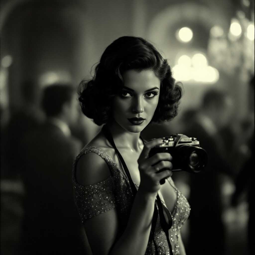 paparazzi photo, action, documentary style 1930s \(style\), Fill Lighting, Ilford HP5 Plus, realist detail, ue5, detailed character expressions, amazing quality, wallpaper, analog film grain, Establishing shot, Practical Lighting, Photoshop, analog film photo cinematic film still, shallow depth of field, vignette, highly detailed, high budget Hollywood film, bokeh, cinemascope, moody, epic, gorgeous, film grain, faded film, desaturated, 35mm photo, grainy, vintage, Kodachrome, Lomography, stained, found footage, elegant woman, 20 years old, posing with a camera, ballroom