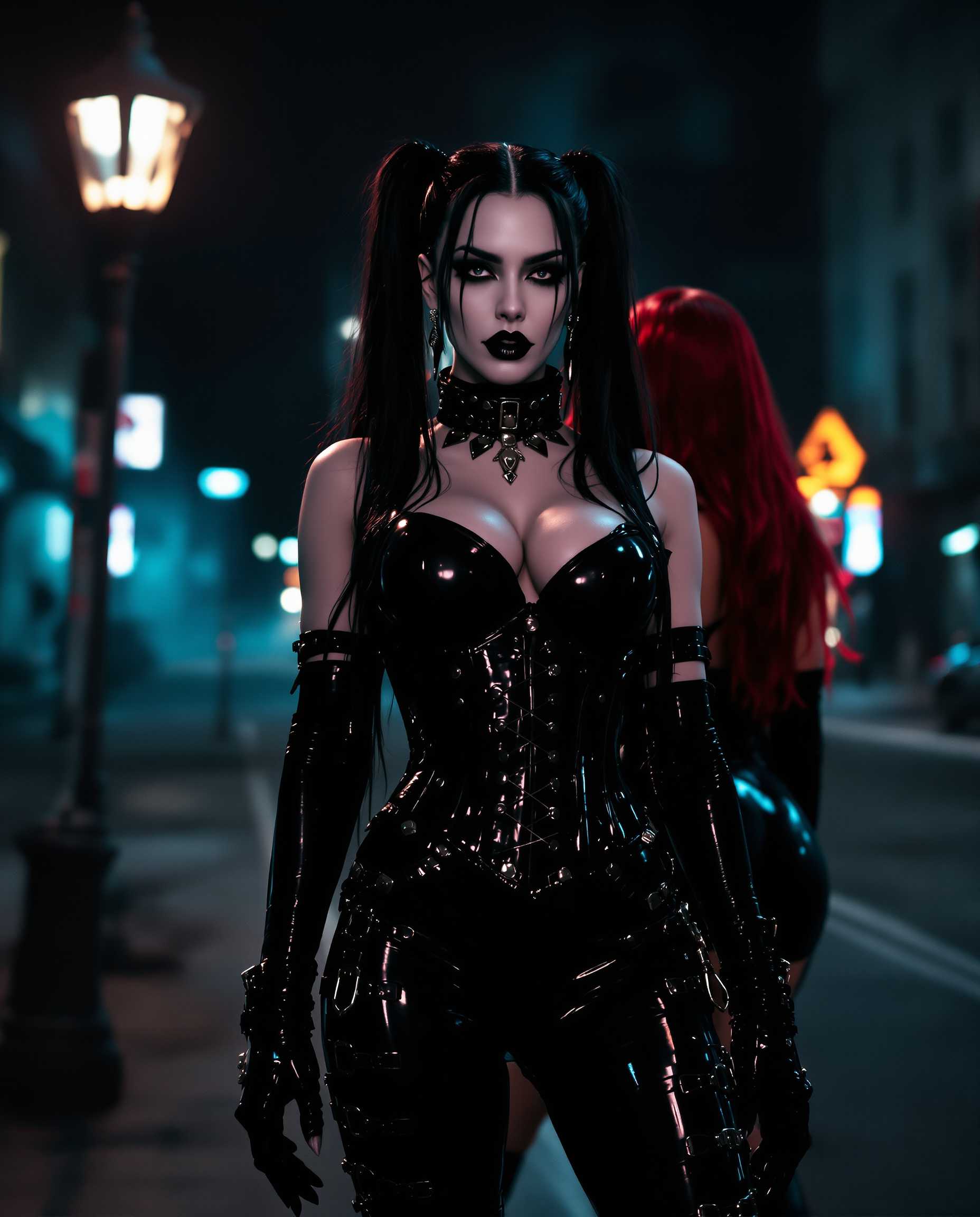 A commanding vampire woman with pale skin and long thick black and white hair in heavy pigtails stands dominantly on a dimly lit urban street corner at night, her heavy goth makeup accentuating shiny black lips and claw-like fingernails, clad in a shiny black latex corset with straps and studs, skintight black latex pants and a thick dog collar, under  streetlights. This high-resolution cinematic photo captures dramatic shadows, glossy textures, and a moody neon glow in 8K detail, with shallow depth of field and subtle volumetric fog enhancing the atmospheric tension.