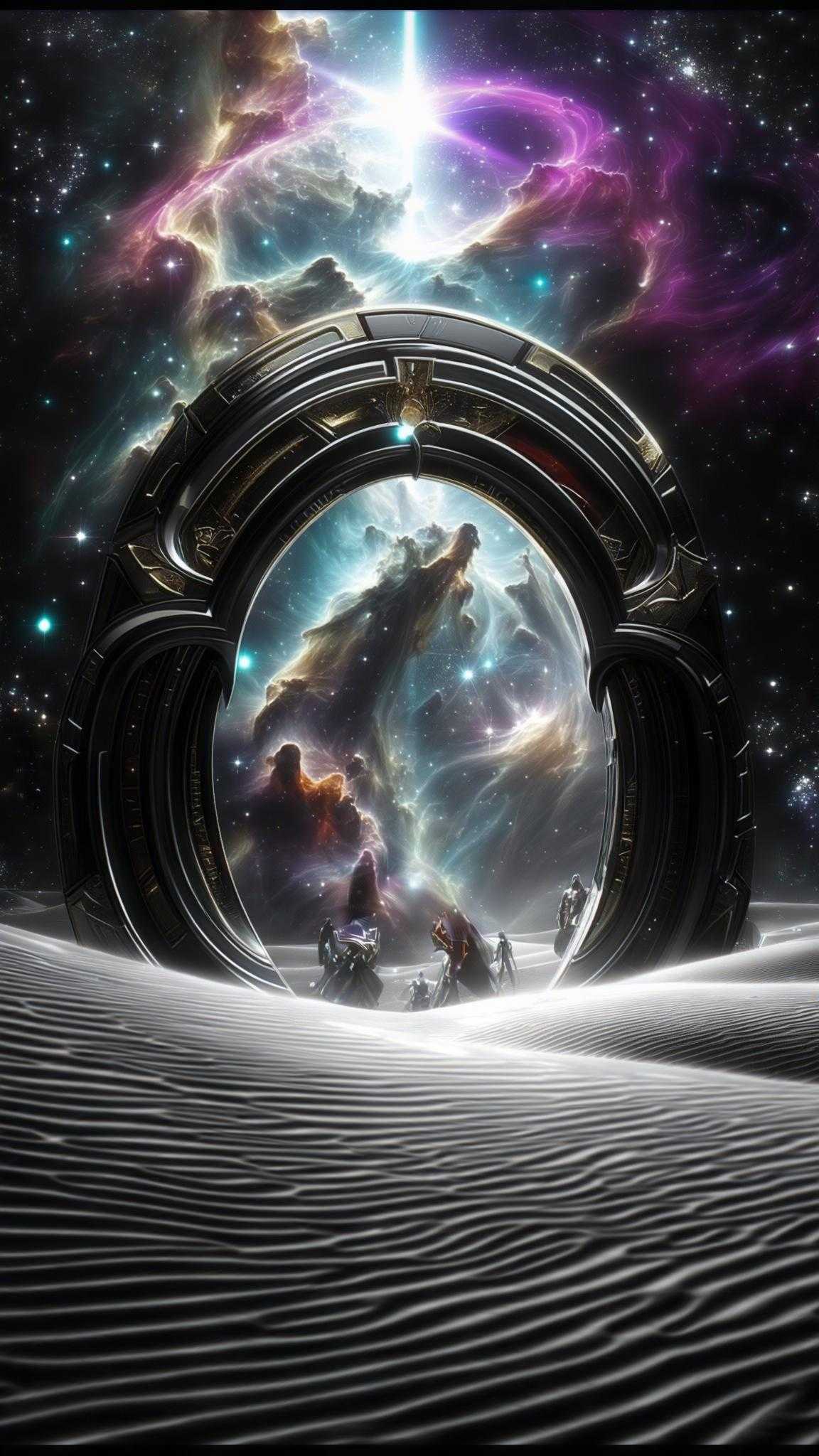 (Core description: astral gate of obsidian rings opening above a luminous nebula horizon, star-gilded dunes below rippling with cosmic wind) ,
(Style: hyper-real cinematic ultrachromatic style raw) ,
(Medium: glossy deep-space digital painting) inspired by (Art movement Futurism) and (specific art style by Moebius) ,
(Specific keywords: enigma portal, drifting stardust, eclipse glow) ,
(Emotional layer: awe and boundless discovery) ,
(Lighting and atmosphere: rim-lit rings, volumetric magenta–cyan aurora, high-contrast shadow detail) ,
(Composition and perspective: low-angle vista, centered gate, deep-layer parallax) ,
(Color palette: spectral teal #00FFE6, solar gold #FFD45C, abyss violet #1A0033) ,
(Specific background details: distant spiral galaxy arcs on upper third) ,
(Additional textures: subtle star-grain, lens micro-bloom) ,
(Painting style of time period: 1980s sci-fi posters) ,
(Resolution and quality: 64K 300 dpi ultra-sharp) ,
(Negative: --no watermark --no purple)
--seed 46231 --exp 48 --guidance 8.5 --steps 45 --ar 9:16 --v 7