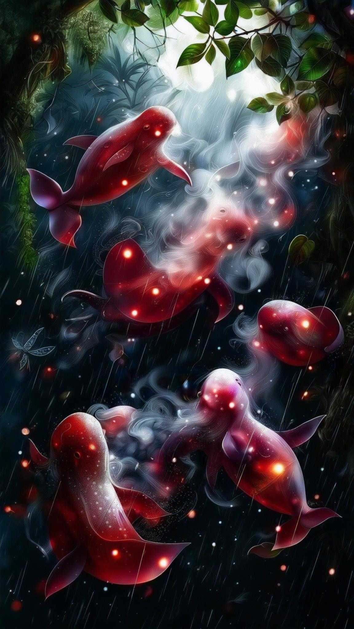 Bioluminescent skywhales weaving above a rain-drenched rainforest canopy, spores and firefly pollen spiraling in warm updrafts, emerald leaves glitter with dew, serene night migration, no text --chaos 25 --ar 9:16 --raw --profile 3twe9xf --stylize 750