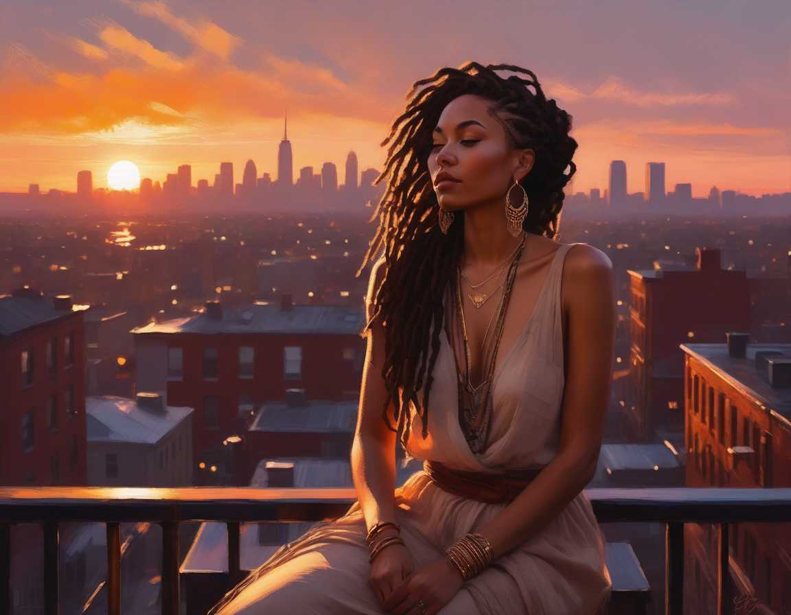a photo of UAMG, a kind-faced woman with full lips and thick locs pulled back gently, sitting on a rooftop fire escape at sunset, wearing layered natural fabrics, beaded jewelry, calm expression, soft natural lighting, warm earthy tones, emotional intimacy, stylized brushstrokes, visible city skyline in the background, rich golden hour light reflecting off metal railings, by Gregory Thielker and Agnes Cecile

