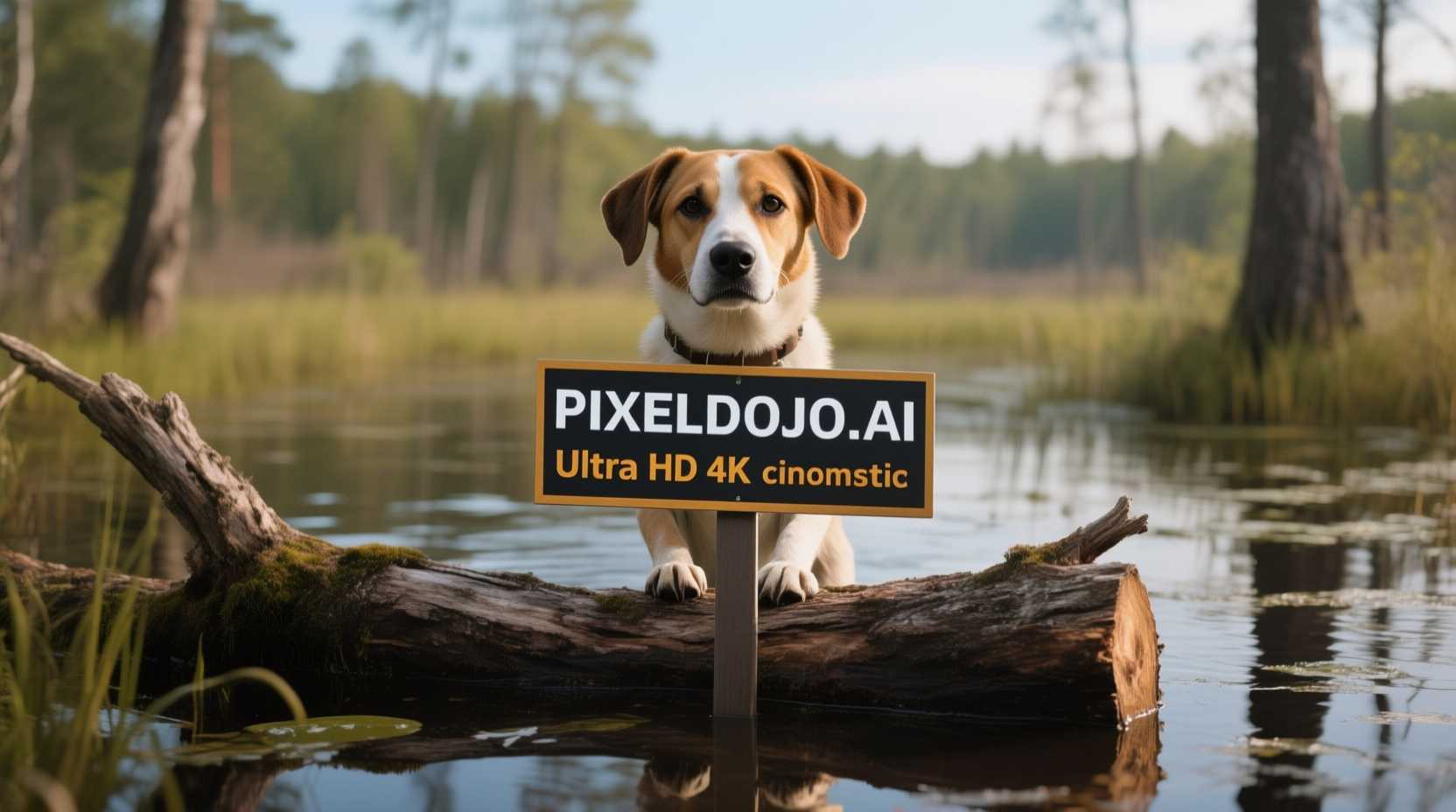 A dog in a bog on a log with a sign that reads PIXELDOJO.AI