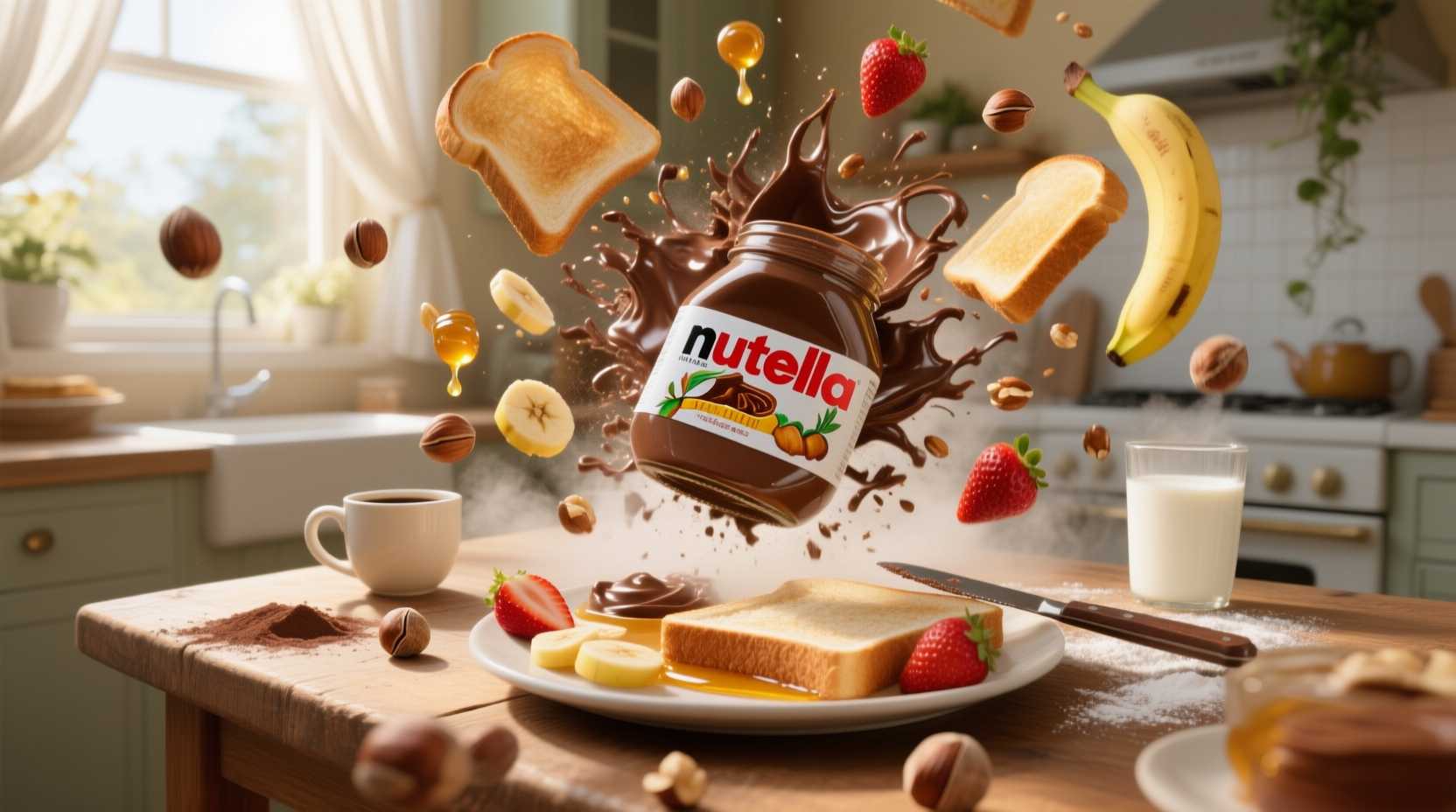 subject:
  description: >-
    Photorealistic cinematic shot of a sunlit kitchen nook. A sealed Nutella jar begins to vibrate gently, then bursts
    open—releasing a rich explosion of swirling chocolate, roasted hazelnuts, toast slices, strawberries, and golden
    syrup. The ingredients twirl mid-air in gravity-defying slow motion, assembling into a picture-perfect Nutella
    breakfast platter on a rustic wooden table.. Includes: sealed Nutella jar (center of table), thick chocolate ribbons
    swirling through air, flying toasted bread slices with golden crust, hazelnuts spinning and cracking mid-air, sliced
    bananas and strawberries tumbling gently, honey and syrup droplets catching light, knife spreading Nutella mid-air
    onto toast, glass of milk and warm coffee cup floating into frame, powdered sugar and cocoa mist drifting like fog
  action: >-
    a beautifully arranged Nutella breakfast board sits steaming on the table, chocolate glistening in the sunlight,
    with a final hazelnut rolling slowly to a stop near the jar
visual_details:
  style: photorealistic cinematic
  mood: >-
    16:9, Nutella explosion, hazelnuts, swirling chocolate, realistic food, breakfast aesthetic, slow motion, natural
    morning light, high detail, no text, chocolate swirl, toast fly-in, cinematic
shot:
  composition: slow orbital shot from low angle upward, transitioning into an overhead top-down reveal
  camera_motion: >-
    jar shakes, lid pops and spins off, chocolate erupts upward with roasted hazelnuts orbiting it, toast slices fly in
    from off-screen, fruit slices rain down and assemble into a breakfast board as camera moves overhead
scene:
  lighting: morning sunlight streaming through soft white curtains, gentle glow on chocolate and fruit highlights
  location: cozy breakfast nook with wooden table, beige walls, ceramic mugs, and hanging plants

