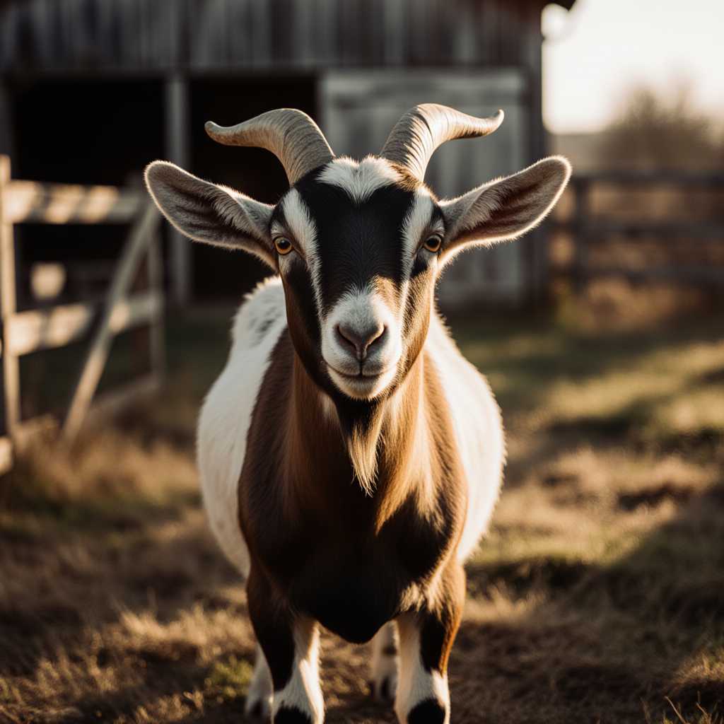 {
  "SHOT COMPOSITION": {
    "Description": "Capture this scene with a medium shot using a 50mm lens on a Canon 5D, ensuring a shallow depth of field to keep the goat sharply in focus while softly blurring the background for a professional, portrait-like effect."
  },
  "SUBJECT & WARDROBE": {
    "Description": "The subject is a mature goat with a rugged, textured coat of mottled brown and white fur, its curved horns adding a striking silhouette, standing alert with a curious expression as it gazes directly into the camera."
  },
  "SCENE SETTING": {
    "Description": "Set the scene in a rustic outdoor farmyard during the golden hour of late afternoon, where warm sunlight bathes the surroundings in a soft, golden glow, casting long shadows over patches of dry grass and weathered wooden fences. The lighting is natural and warm, enhancing the earthy tones of the environment and creating a cozy, pastoral tone."
  },
  "VISUAL STYLE": {
    "Description": "Aim for a cinematic film aesthetic with subtle grain texture to evoke a timeless, organic feel, paired with gentle color grading that emphasizes warm browns and soft greens for a harmonious, rural vibe."
  }
}